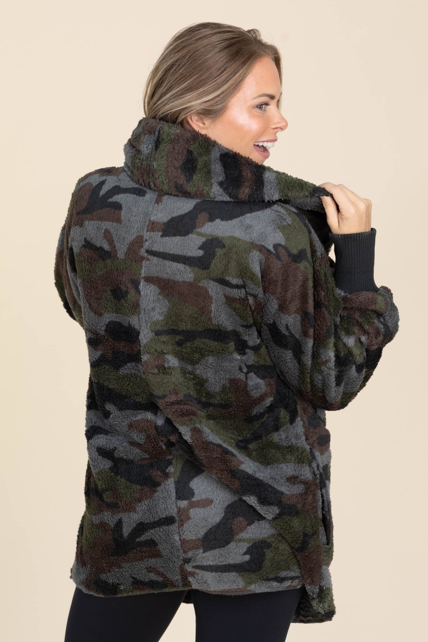 Dark Olive Camo Print Open Fur Jacket