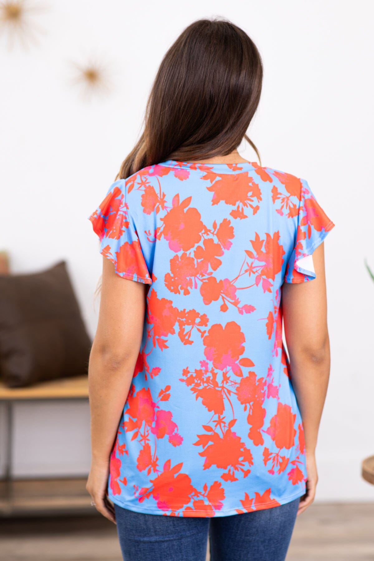 Blue and Red Floral Print Ruffle Sleeve Top - Filly Flair
