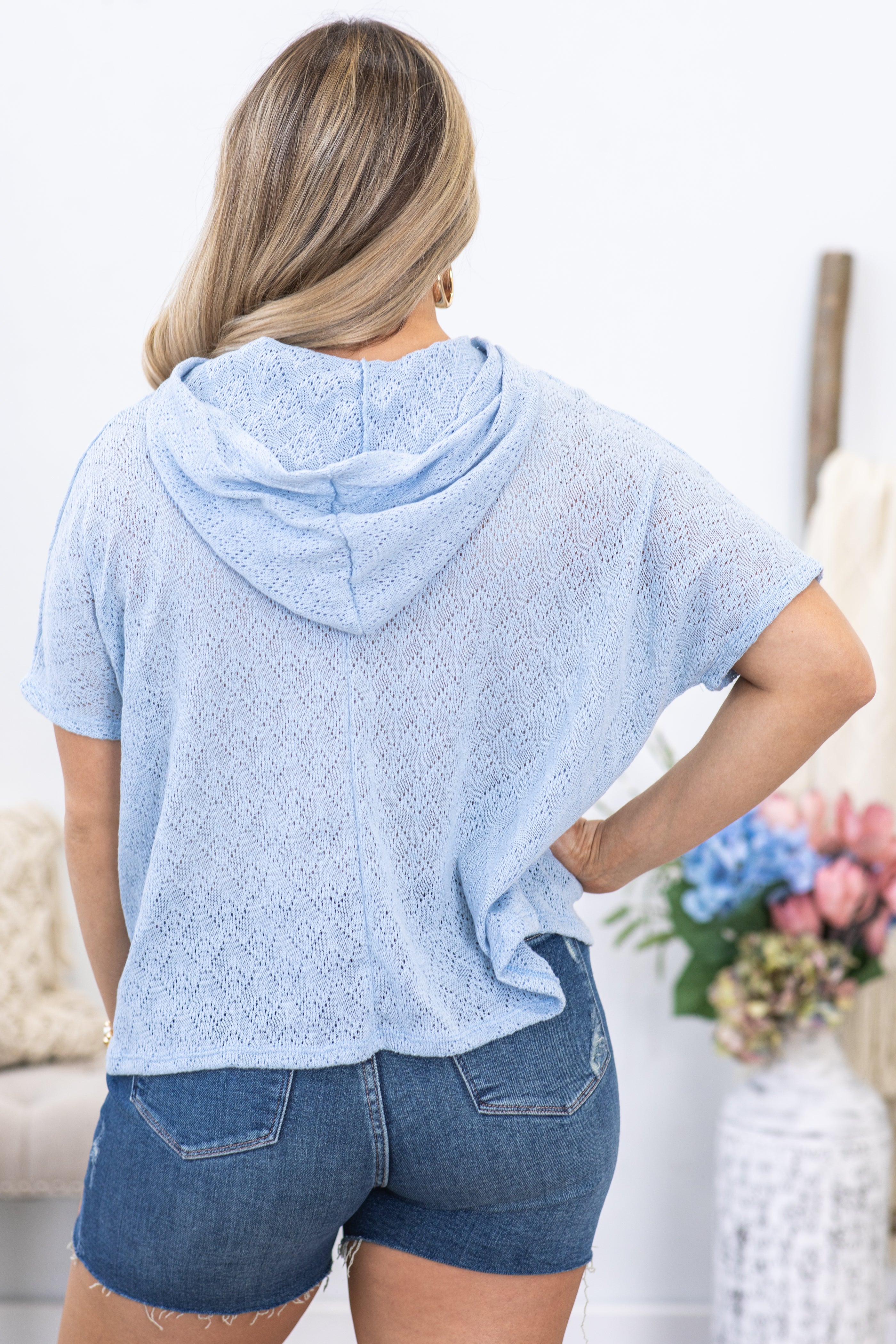 Baby Blue Pointelle Knit Hooded Top