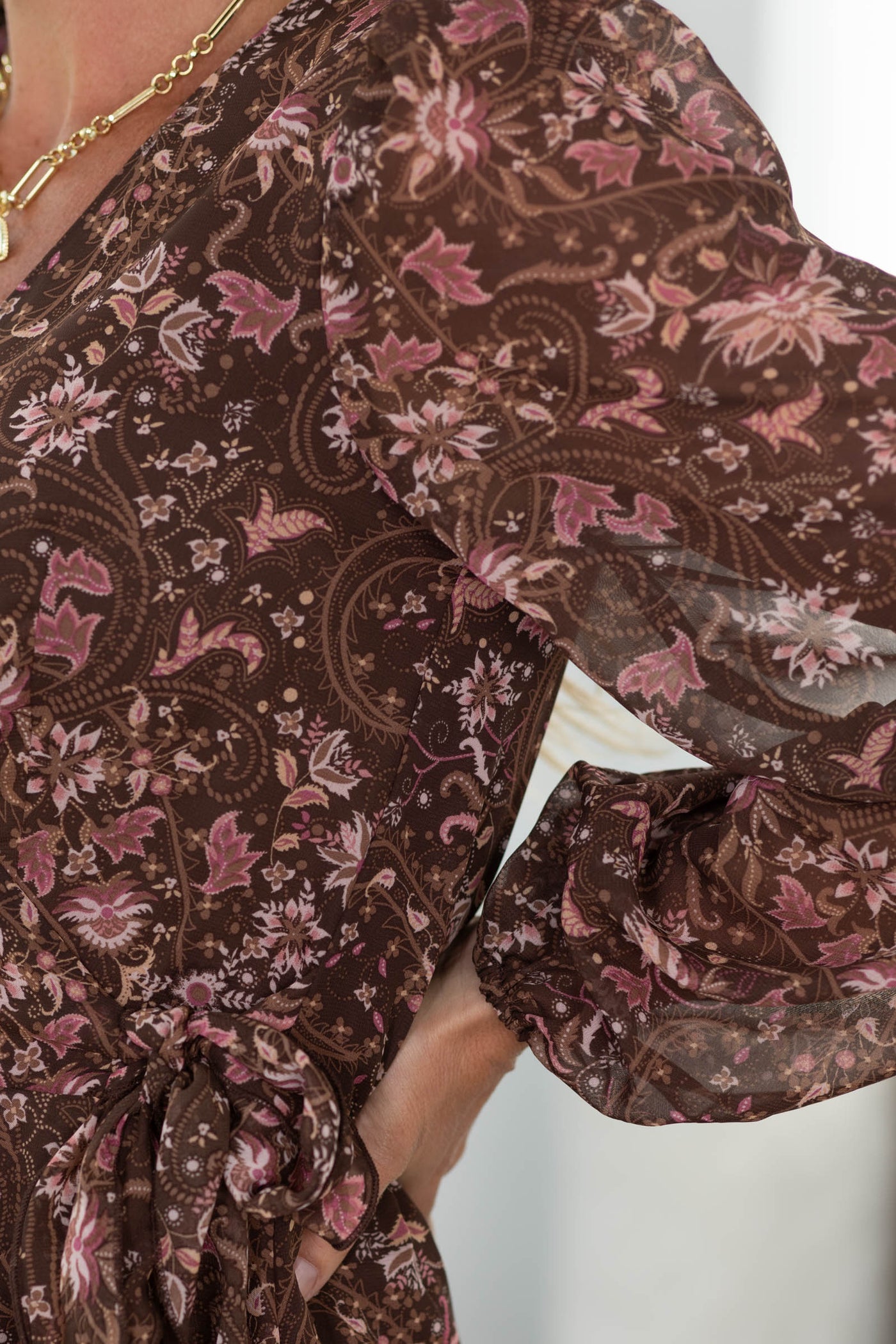 Brown And Pink Floral Tie Long Sleeve Dress
