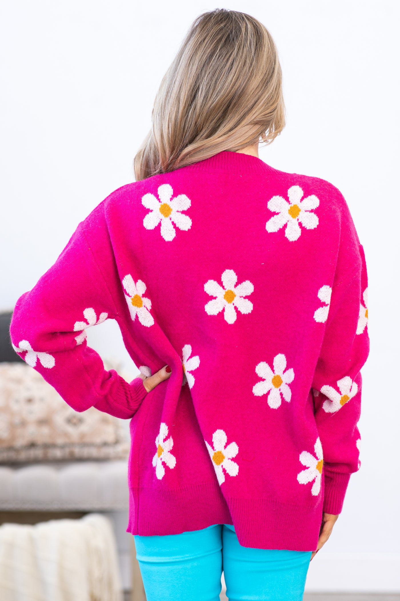 Hot Pink Daisy Floral Button Down Cardigan