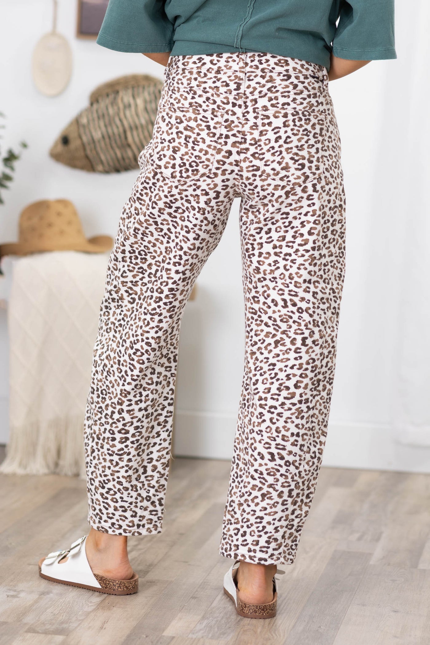 Risen Leopard Cropped Barrel Jeans With Cuffs