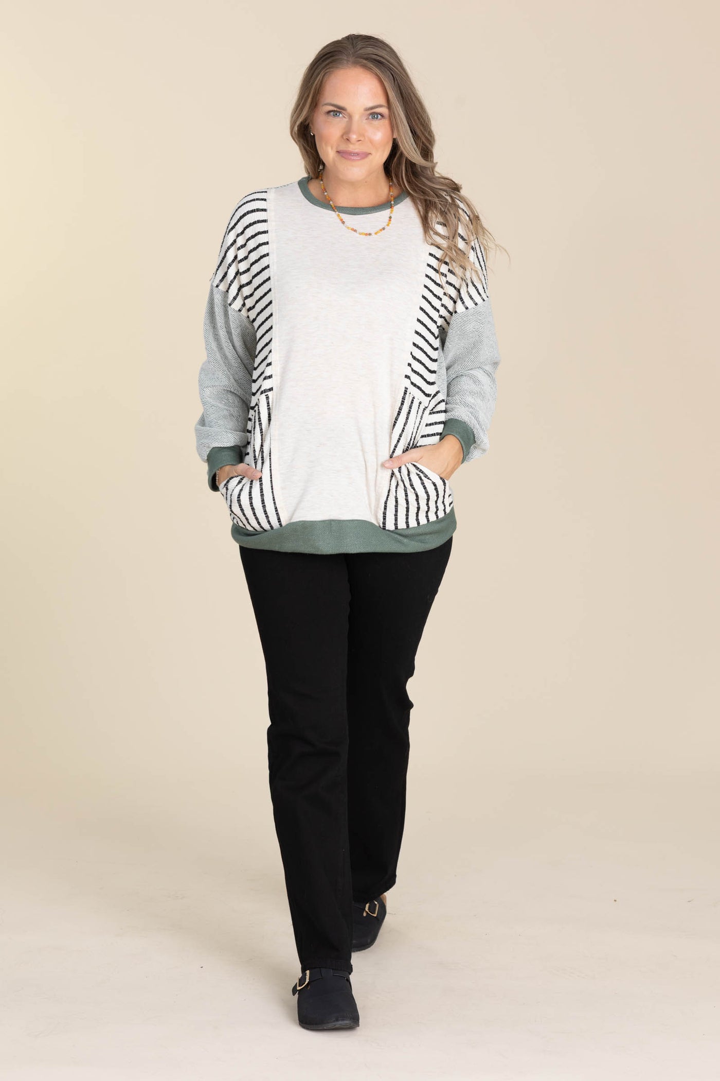 Olive With Stripe Sides Knit Top