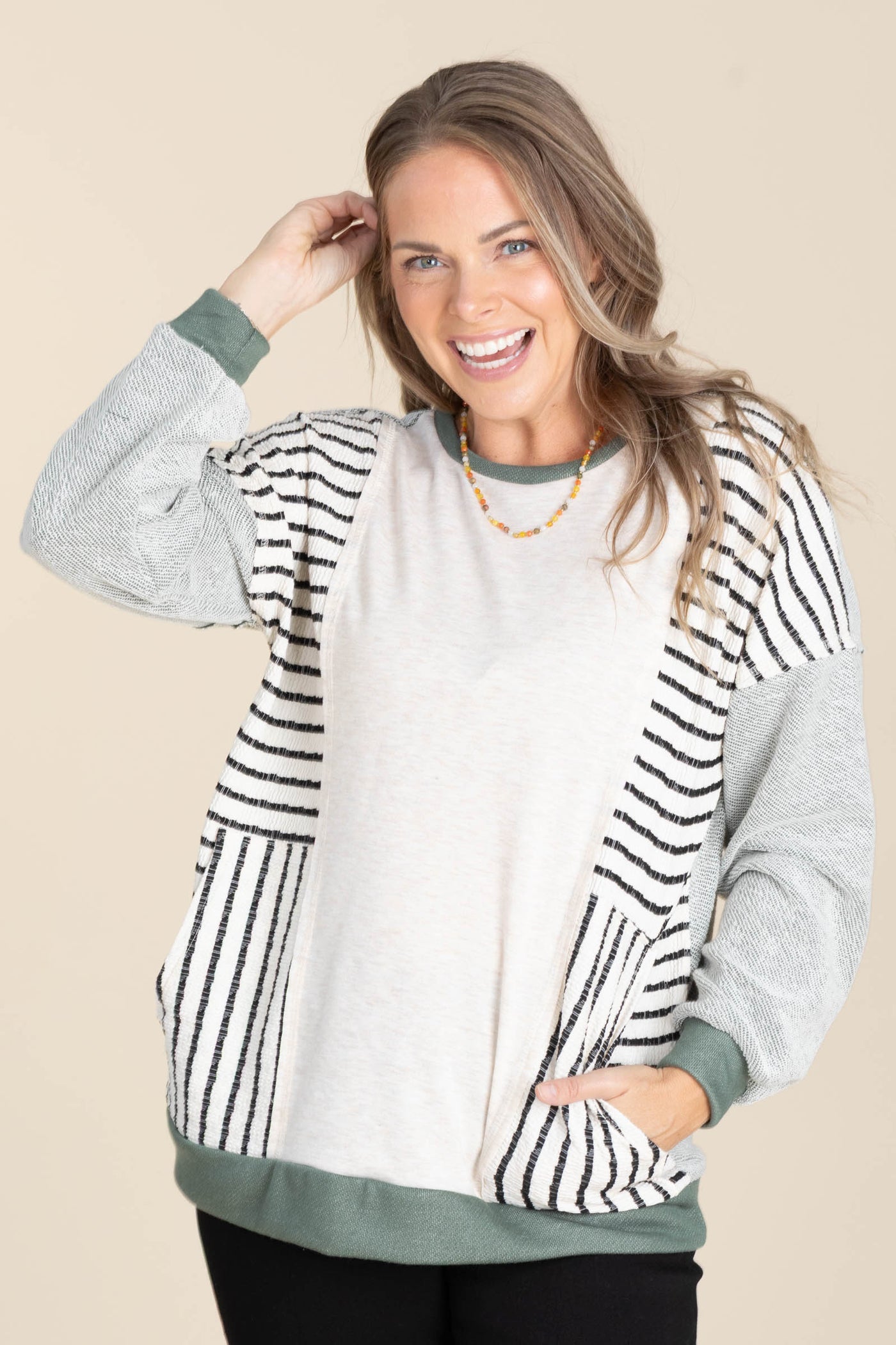 Olive With Stripe Sides Knit Top