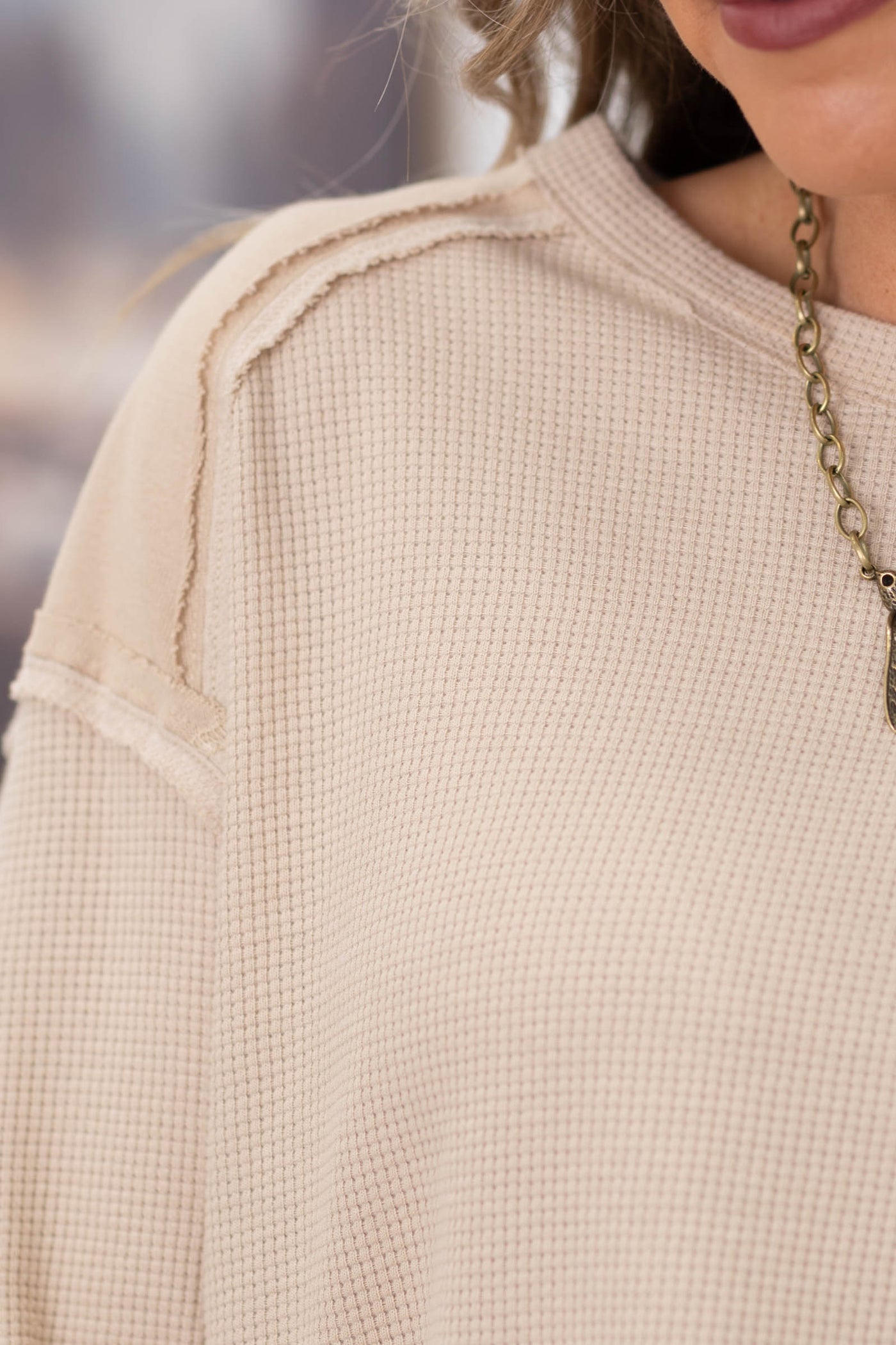 Tan Mineral Washed Top With Contrast Elbow Patch