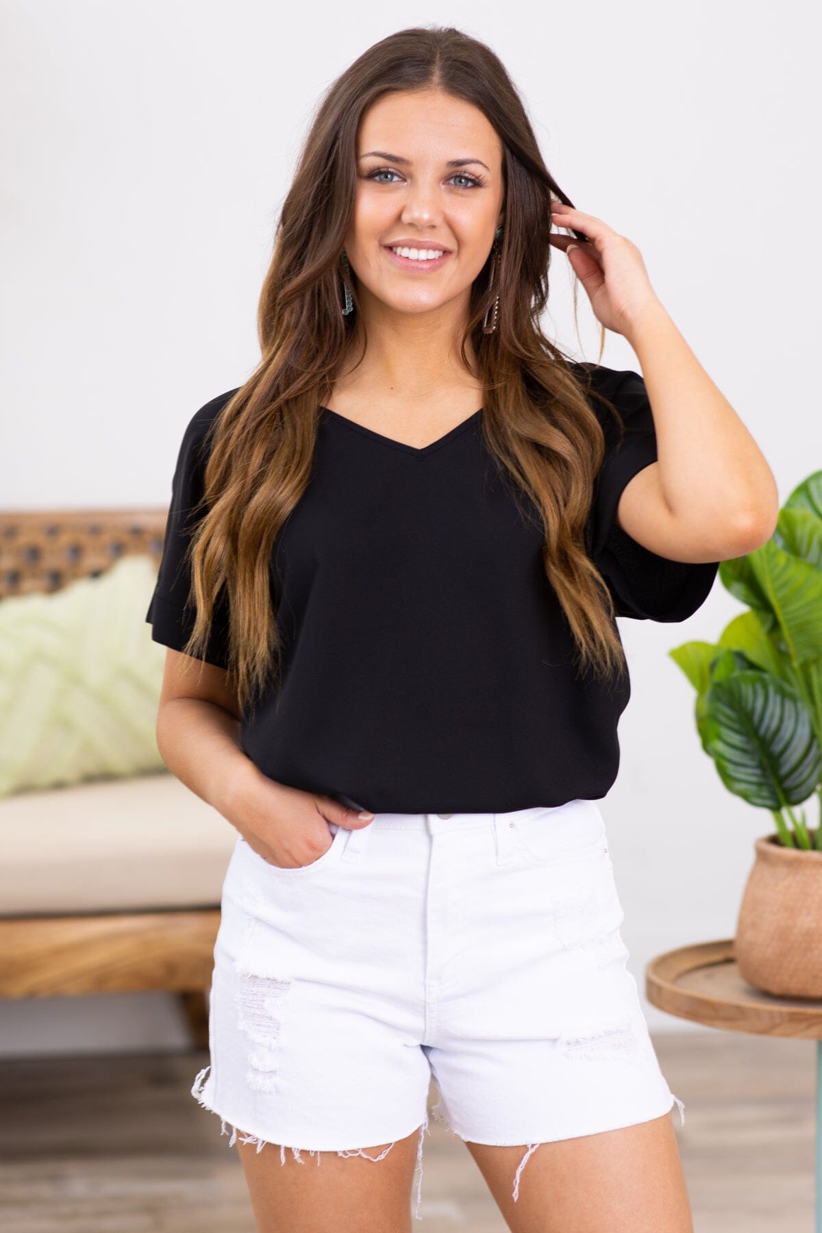 Black Roll Sleeve V-Neck Top - Filly Flair