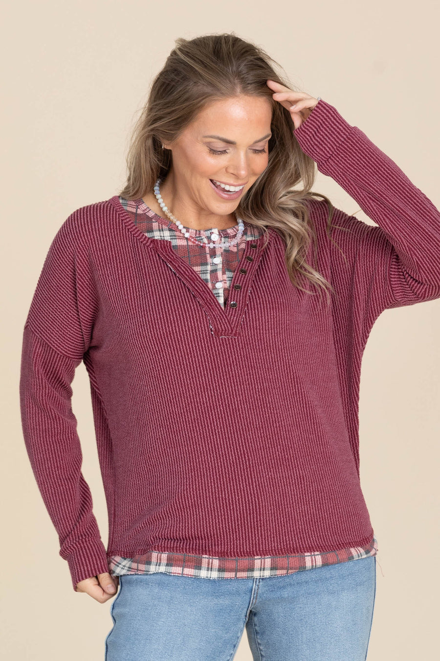 Rib Knit Henley Tops With Plaid Contrast Trim