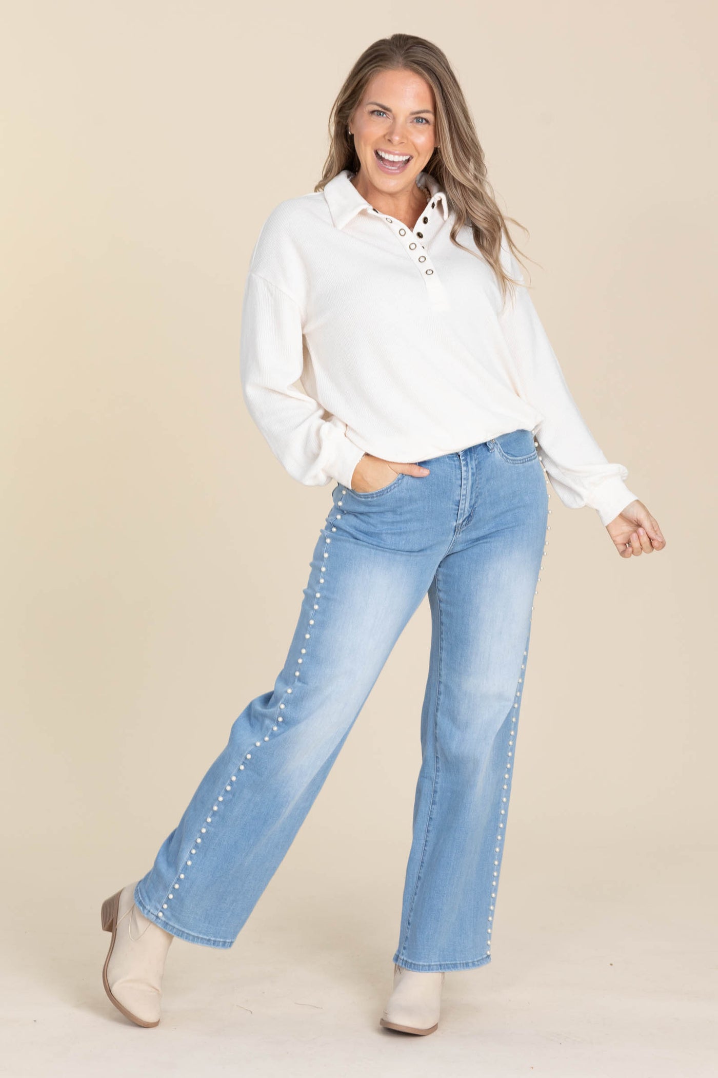Mica Wide Leg Pearl Embellishment Jeans