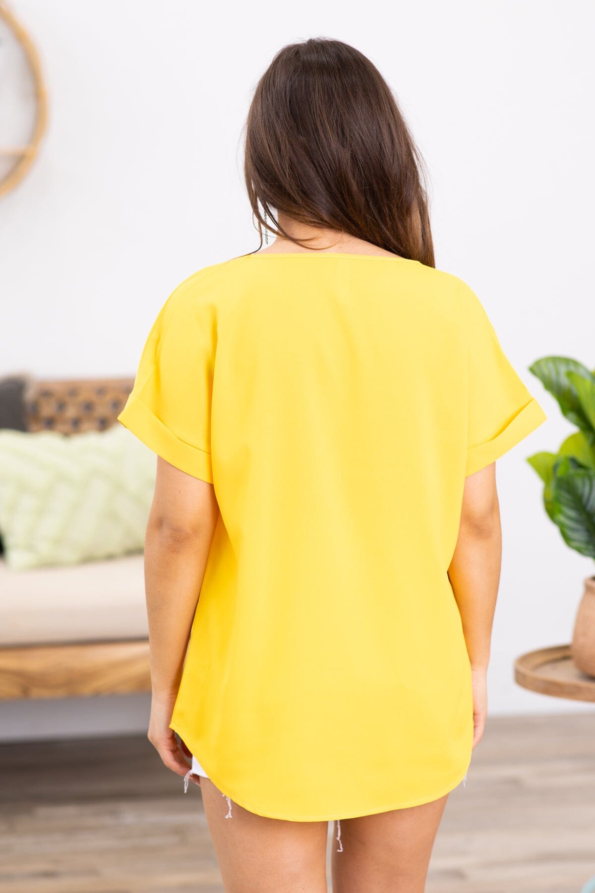 Yellow Roll Sleeve V-Neck Top - Filly Flair
