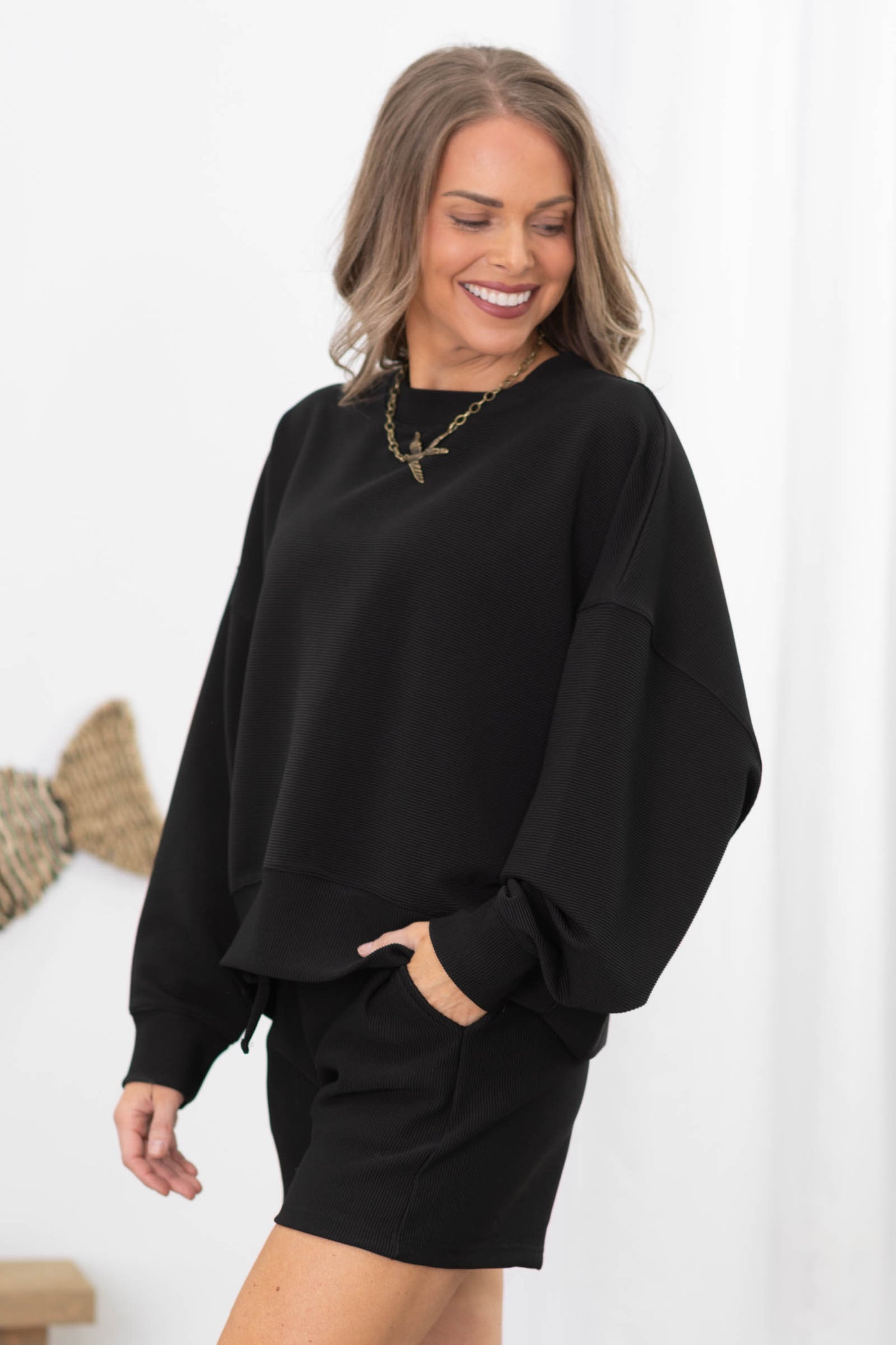 Ribbed Round Neck Pullover & Shorts Sets