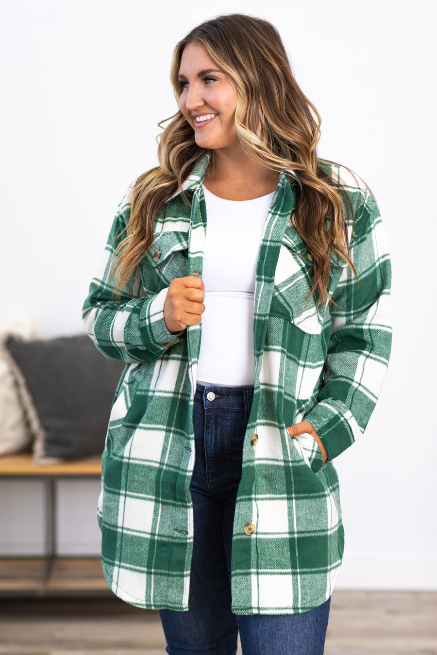 Green and White Plaid Shacket With Pockets