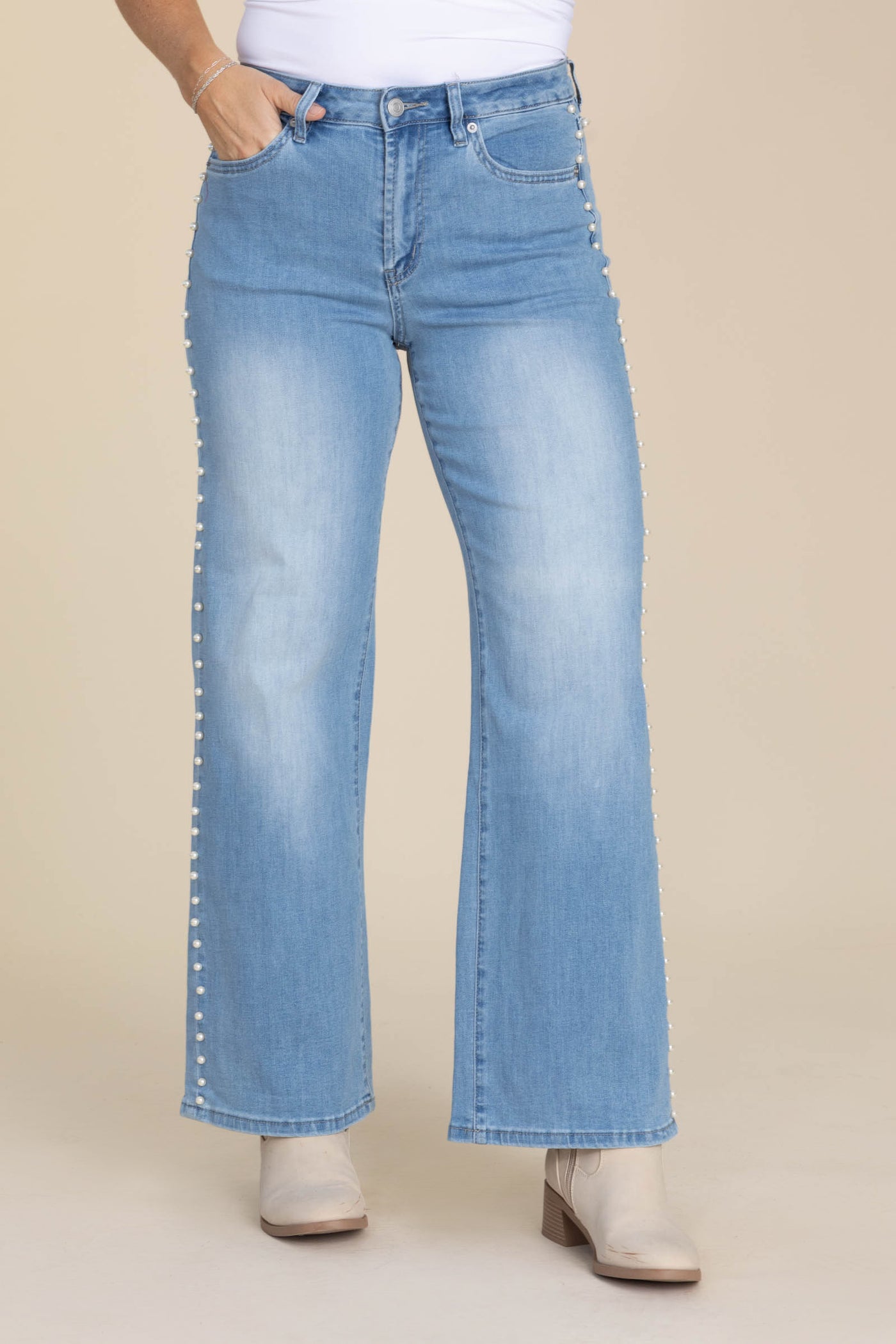 Mica Wide Leg Pearl Embellishment Jeans