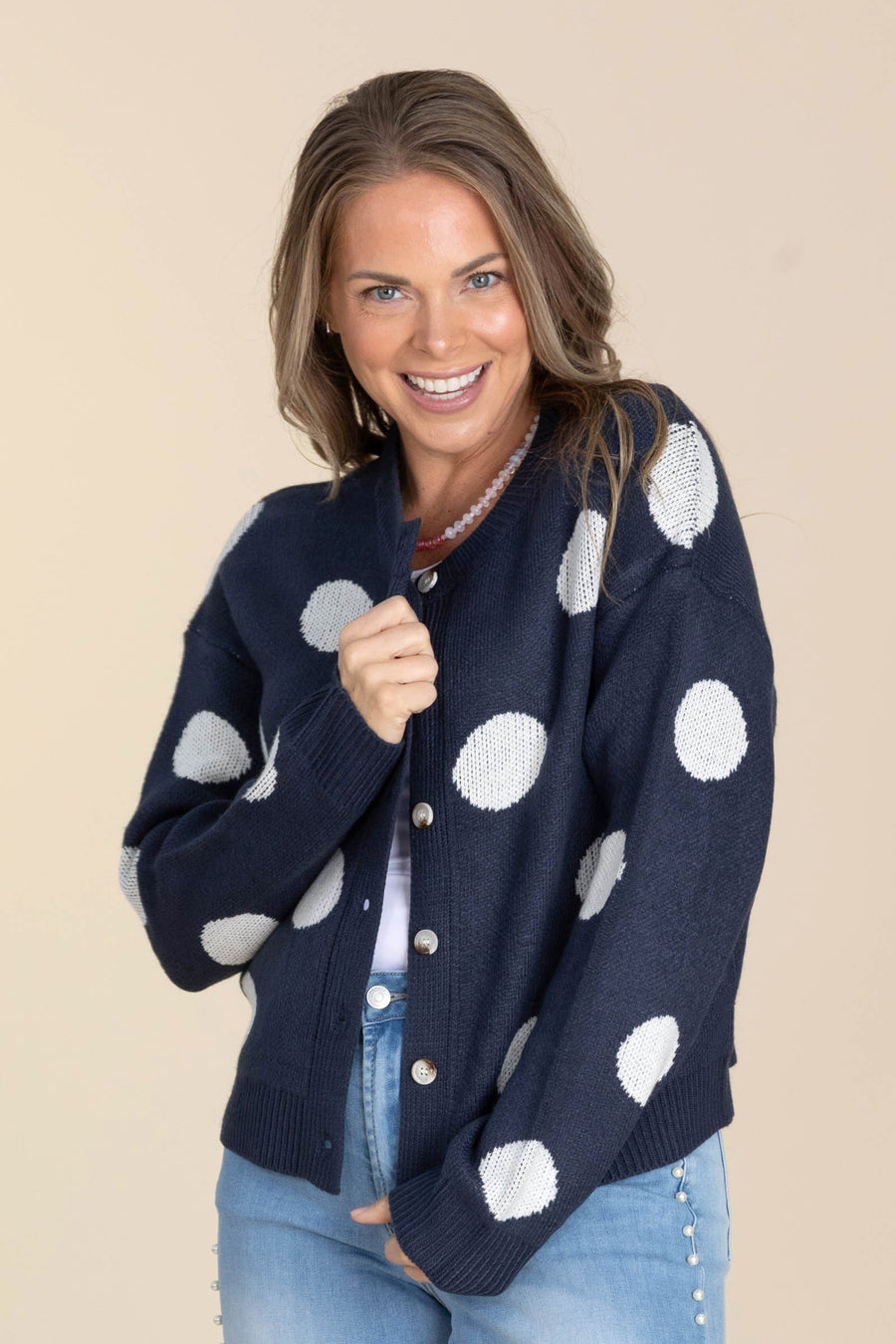 Navy With White Polka Dot Button Up Cardigan