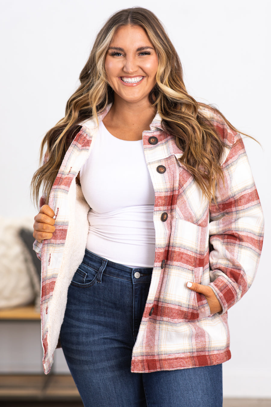 Wine and Ivory Plaid Sherpa Lined Shacket