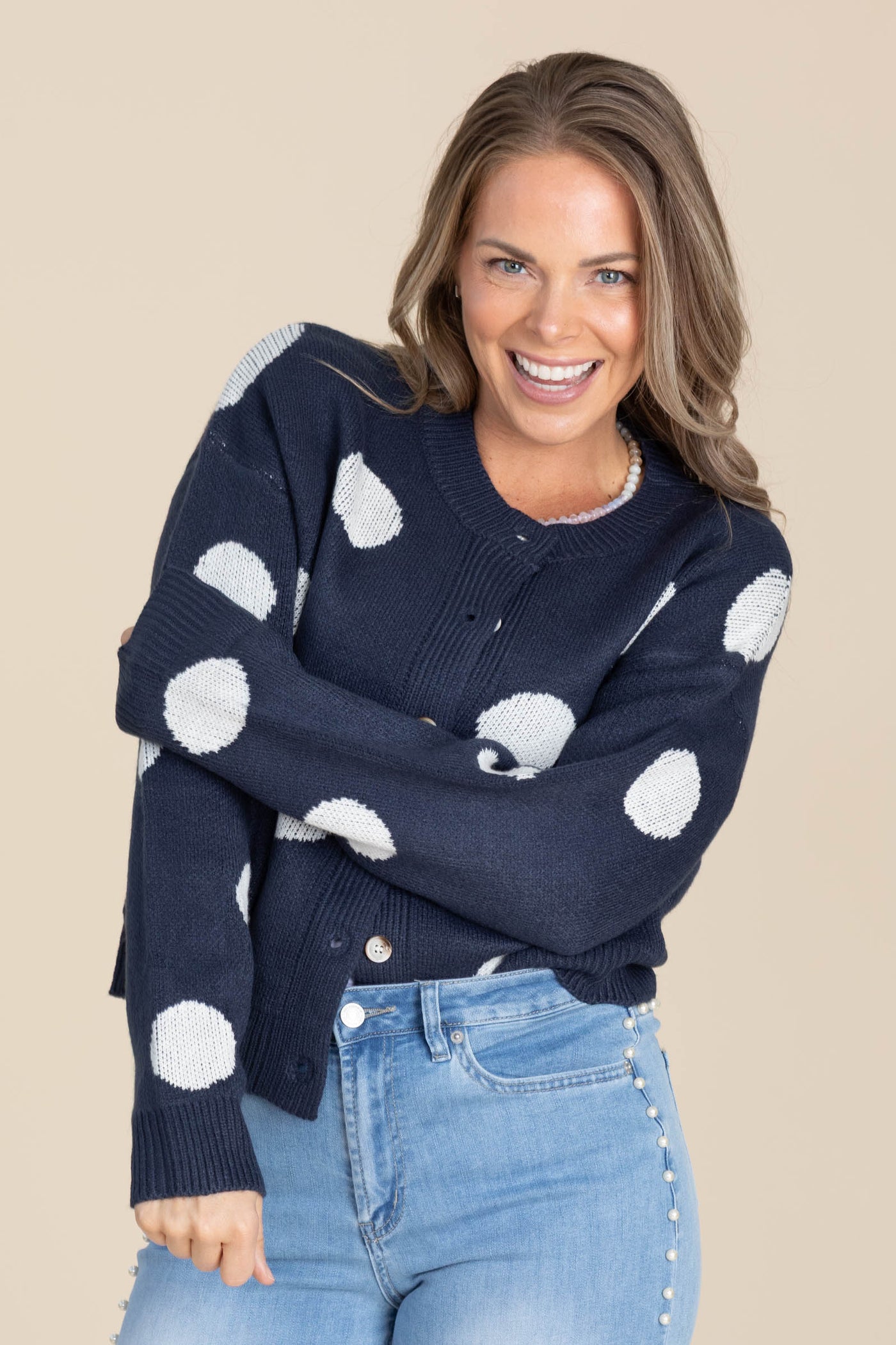 Navy With White Polka Dot Button Up Cardigan