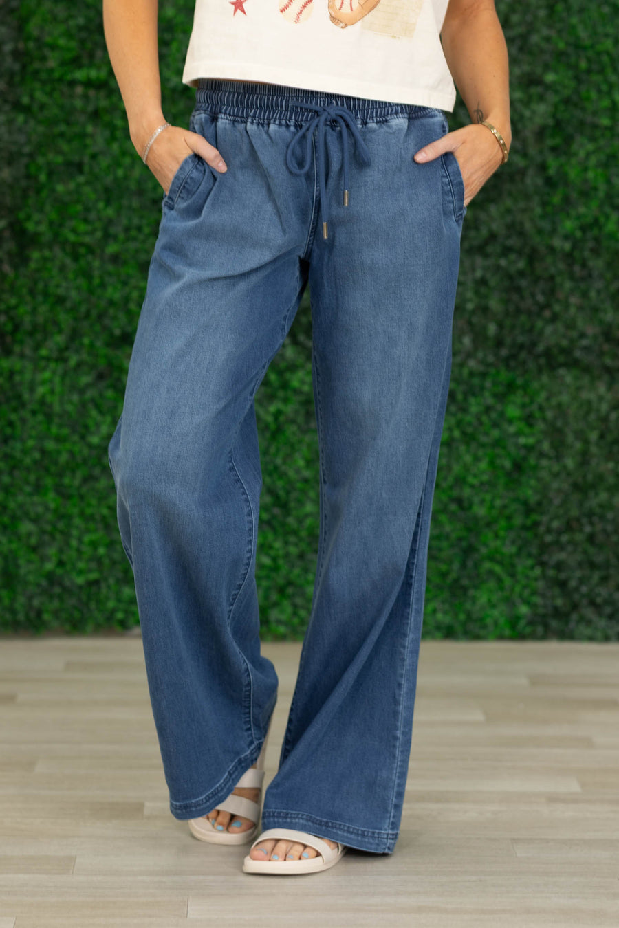 Risen Dark Mid Rise Wide Leg Pull On Pants