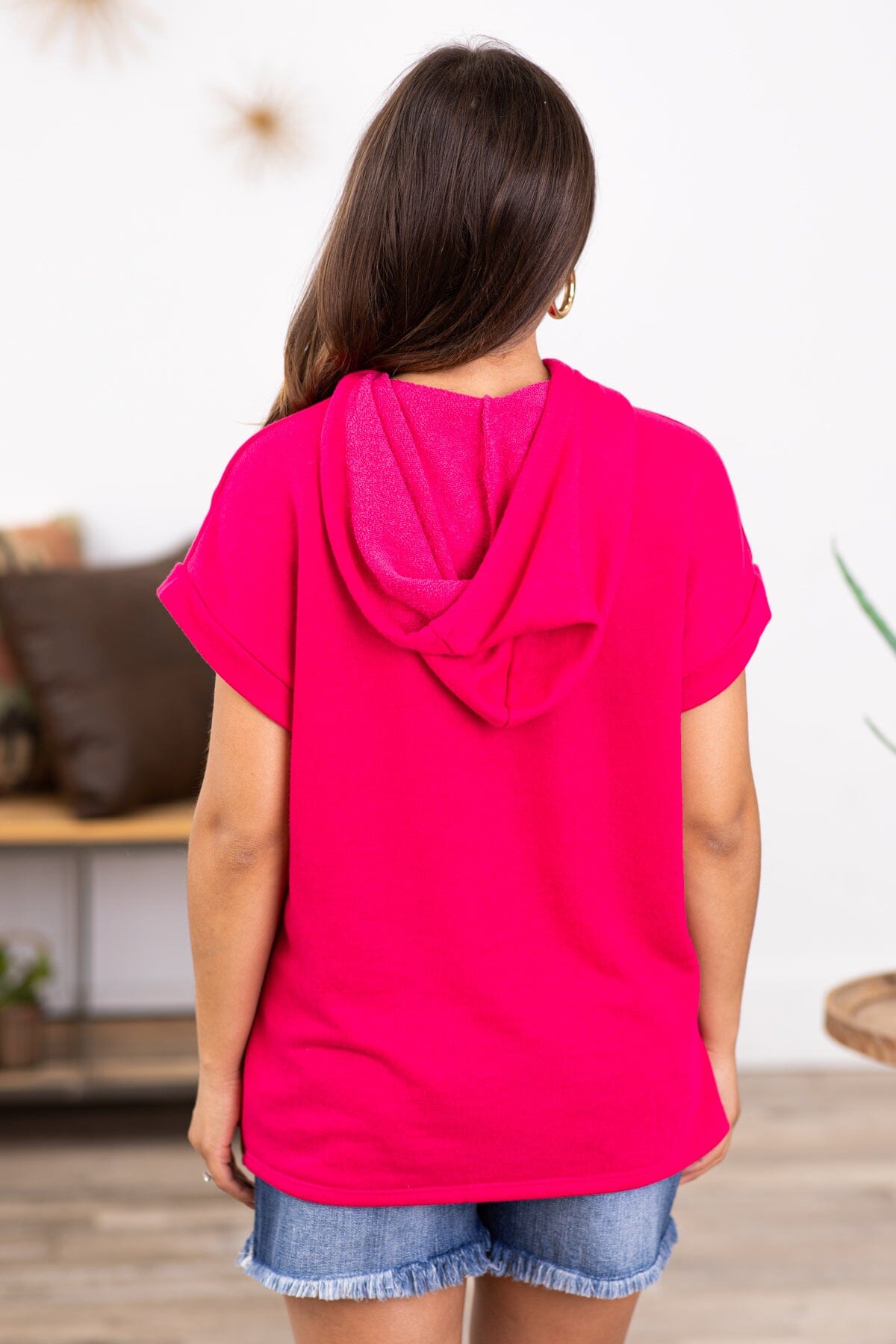 Hot Pink Short Sleeve Hooded Top - Filly Flair