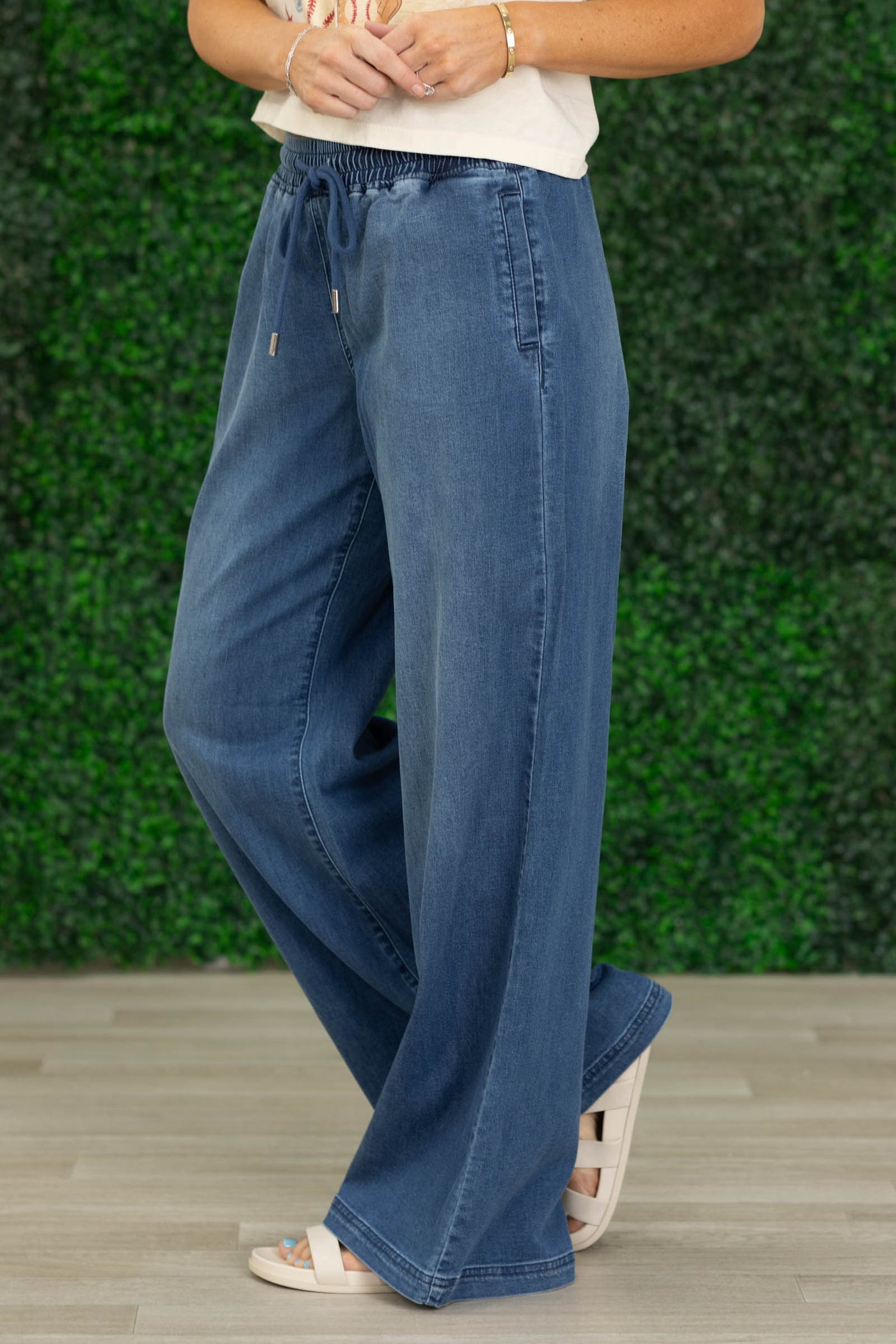 Risen Dark Mid Rise Wide Leg Pull On Pants