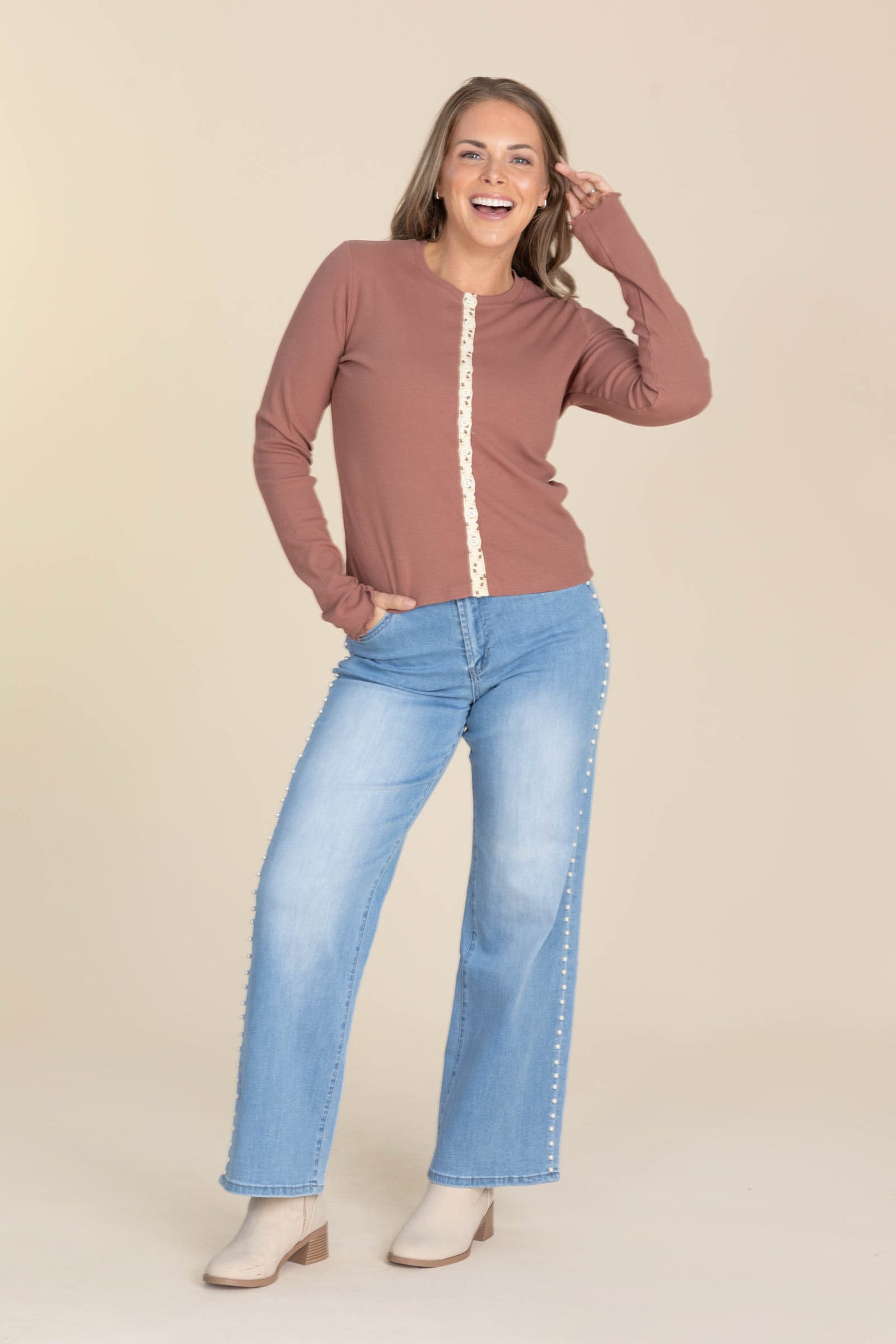 Terra Cotta With Button Down Detail Knit Top