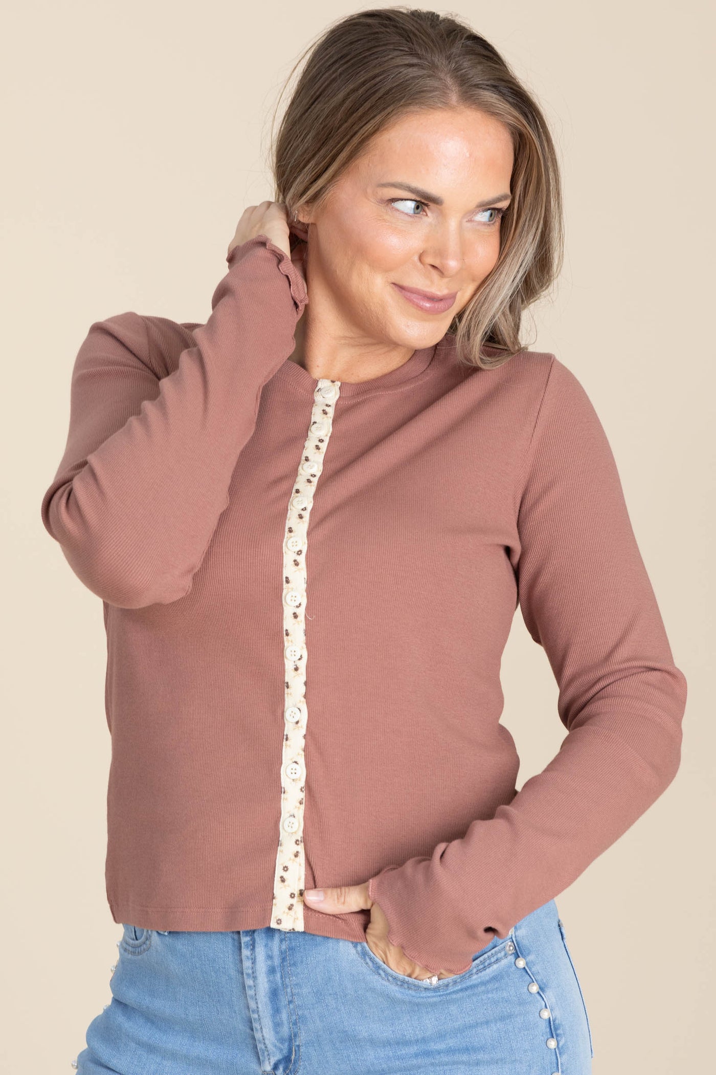 Terra Cotta With Button Down Detail Knit Top