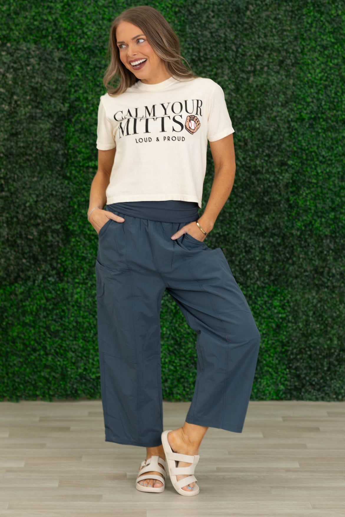 Slate Blue Relaxed Wide Leg Cropped Pants