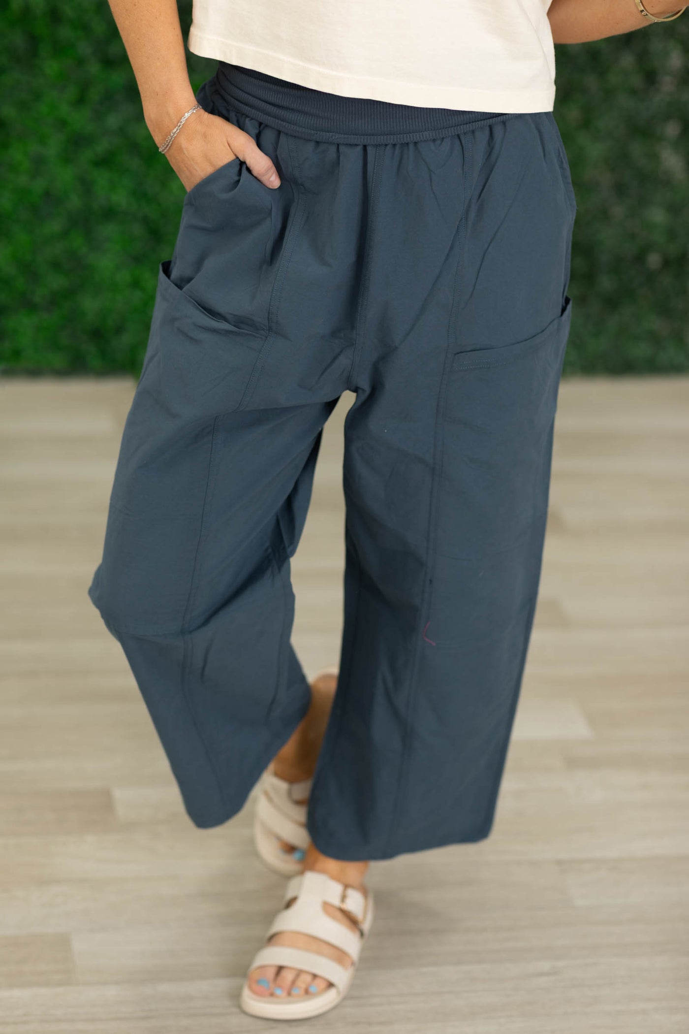 Slate Blue Relaxed Wide Leg Cropped Pants