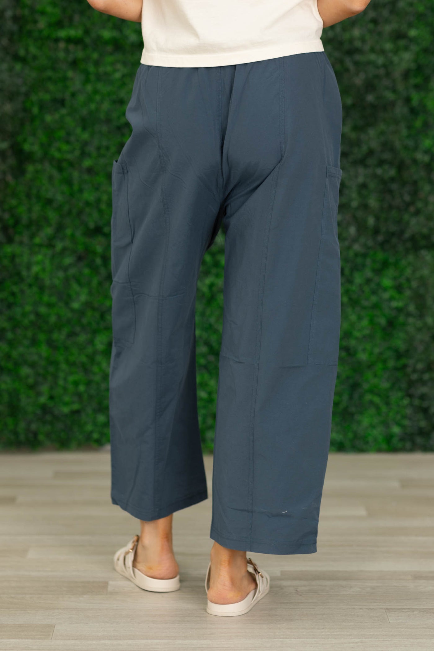 Slate Blue Relaxed Wide Leg Cropped Pants