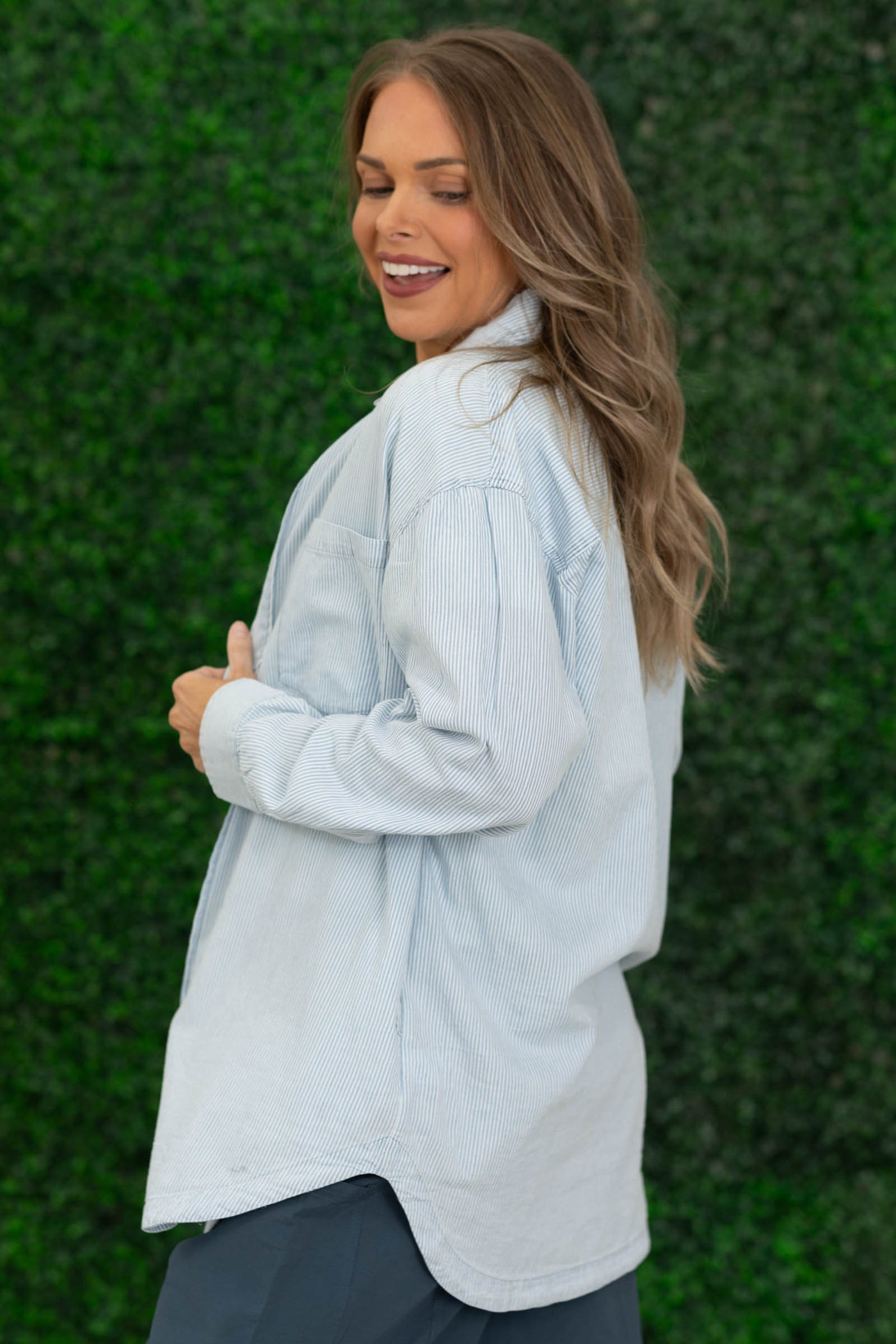 Light Denim Blue Stripe Button Up Collared Top