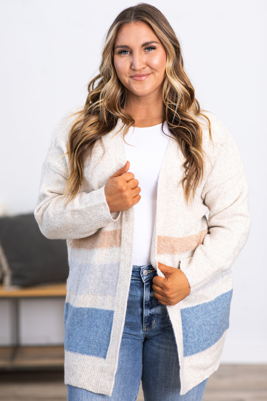Beige and Dusty Blue Colorblock Cardigan