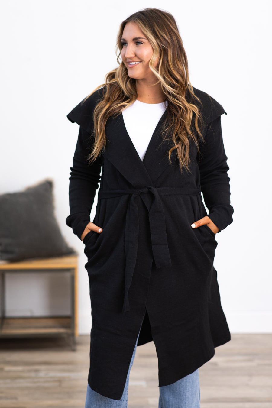 Black Self Tie Knit Coat