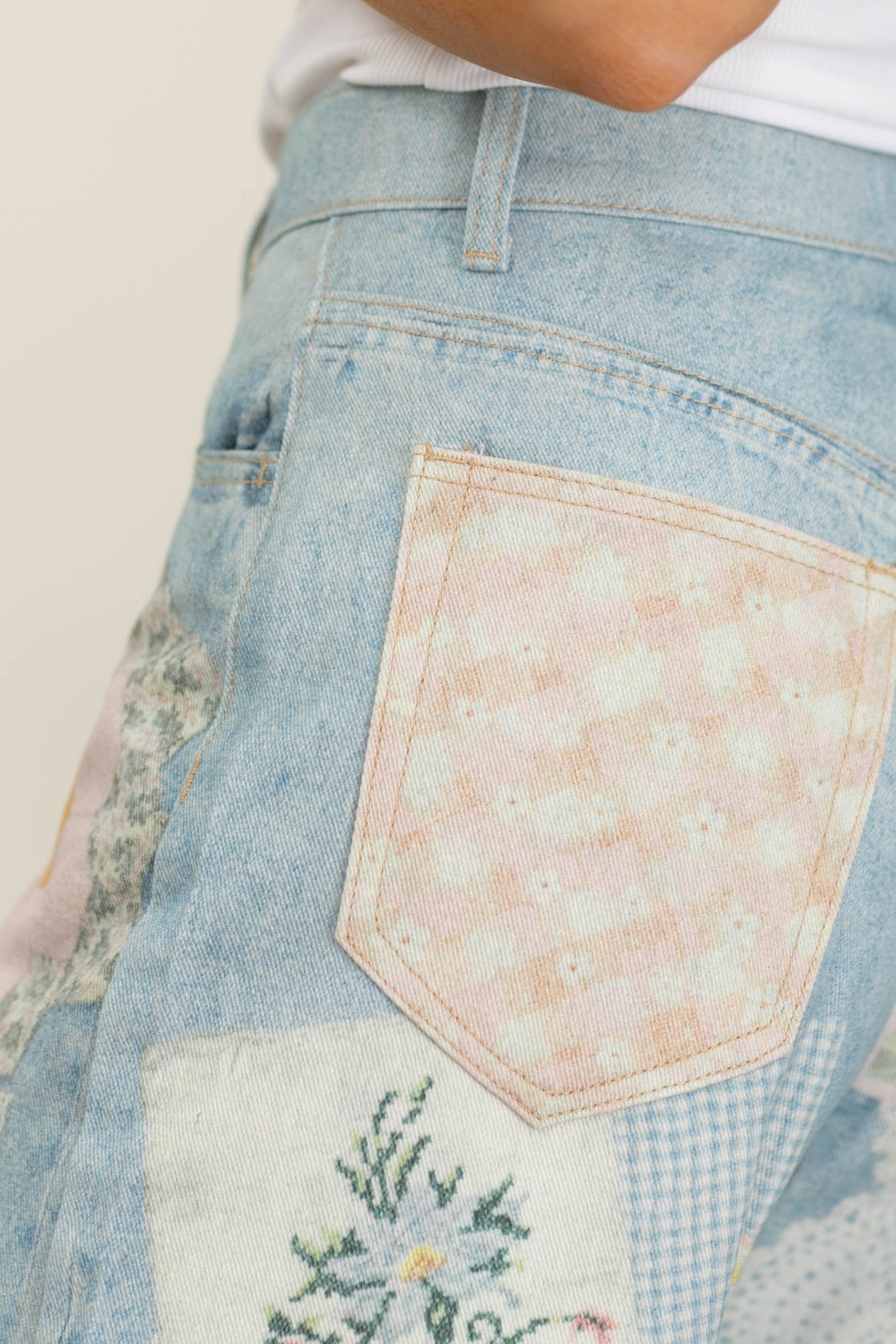 Light Denim Printed Patchwork Jeans