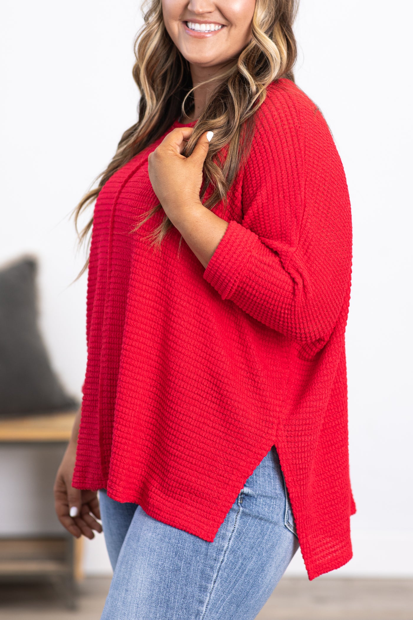 Crimson Waffle Knit Dolman Sleeve Sweater