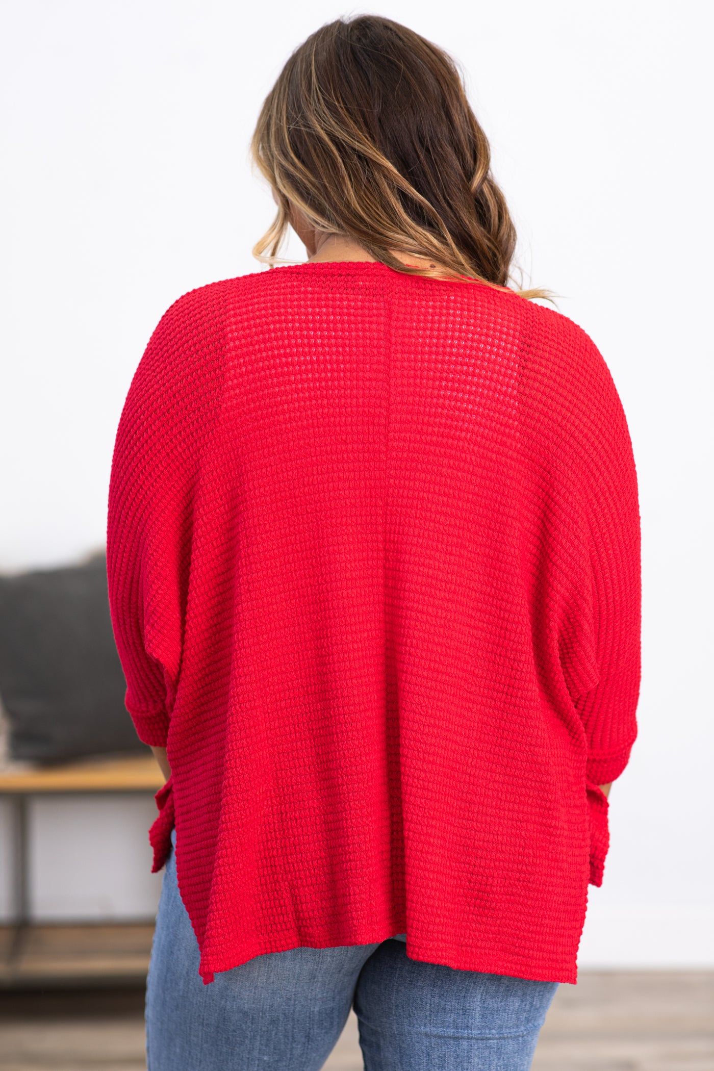 Crimson Waffle Knit Dolman Sleeve Sweater