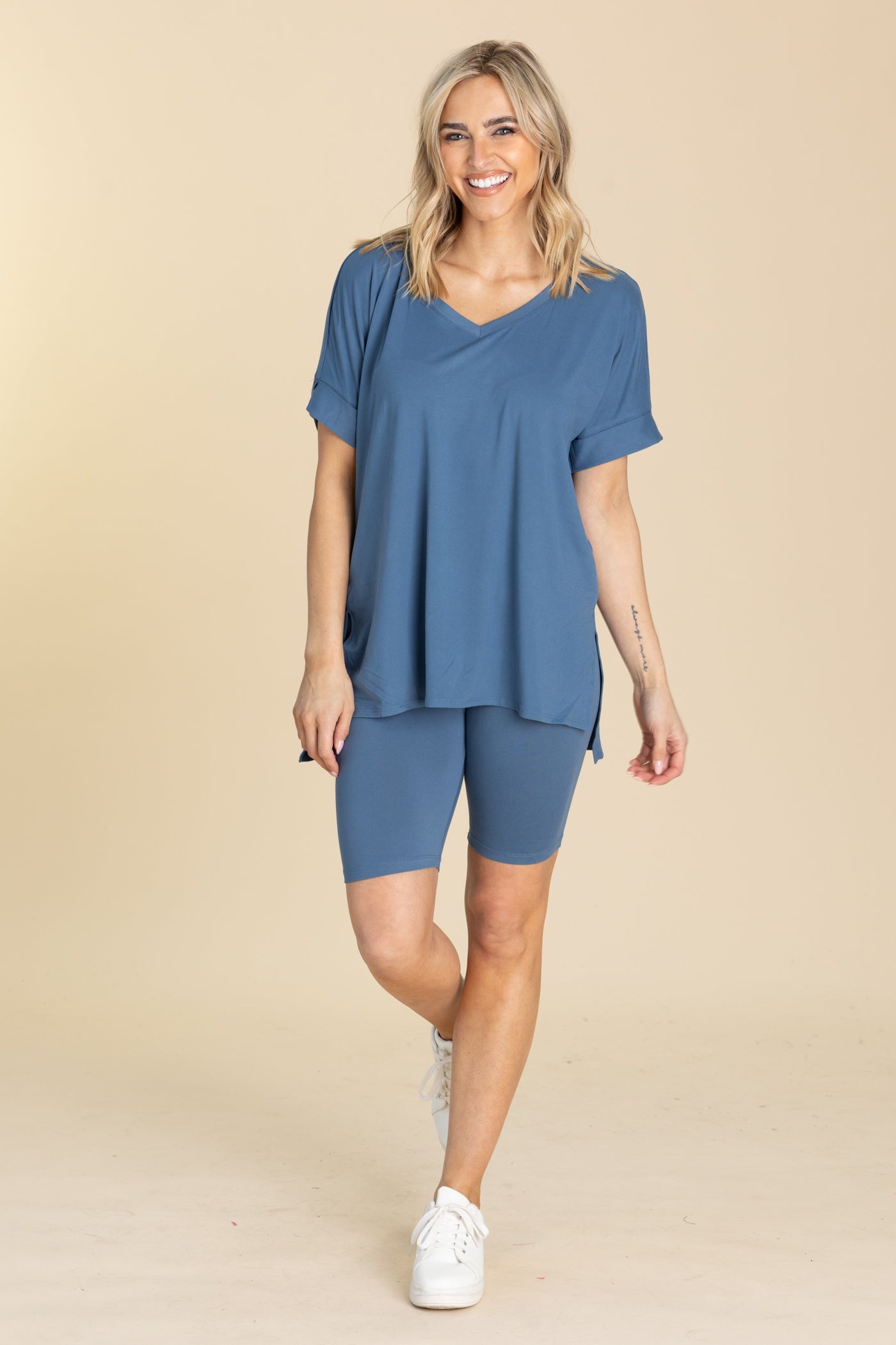 Soft V-Neck Top And Biker Short Set