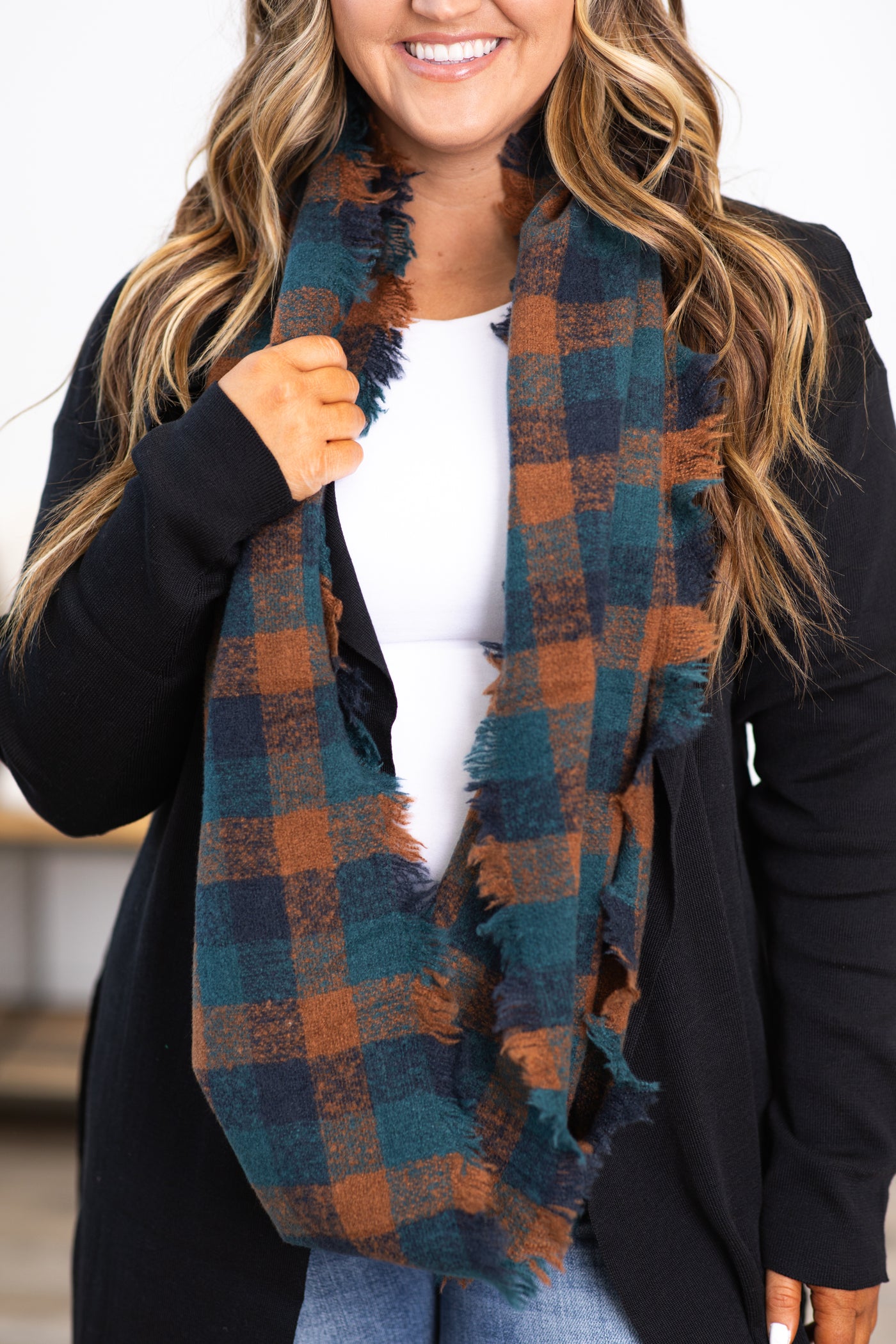 Teal and Navy Plaid Fringe Trim Infinity Scarf
