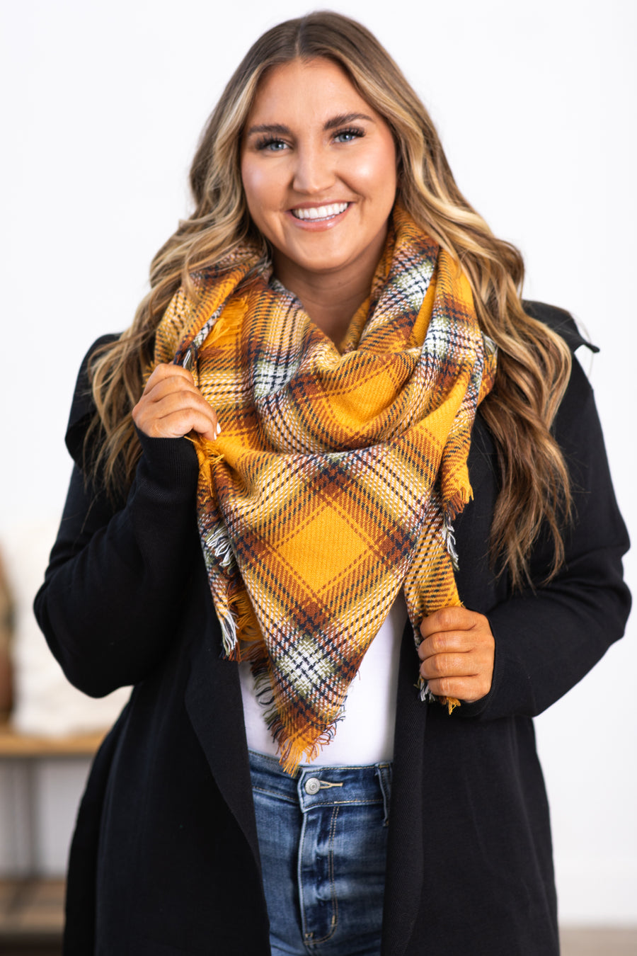 Bright Mustard Plaid Fringe Trim Blanket Scarf