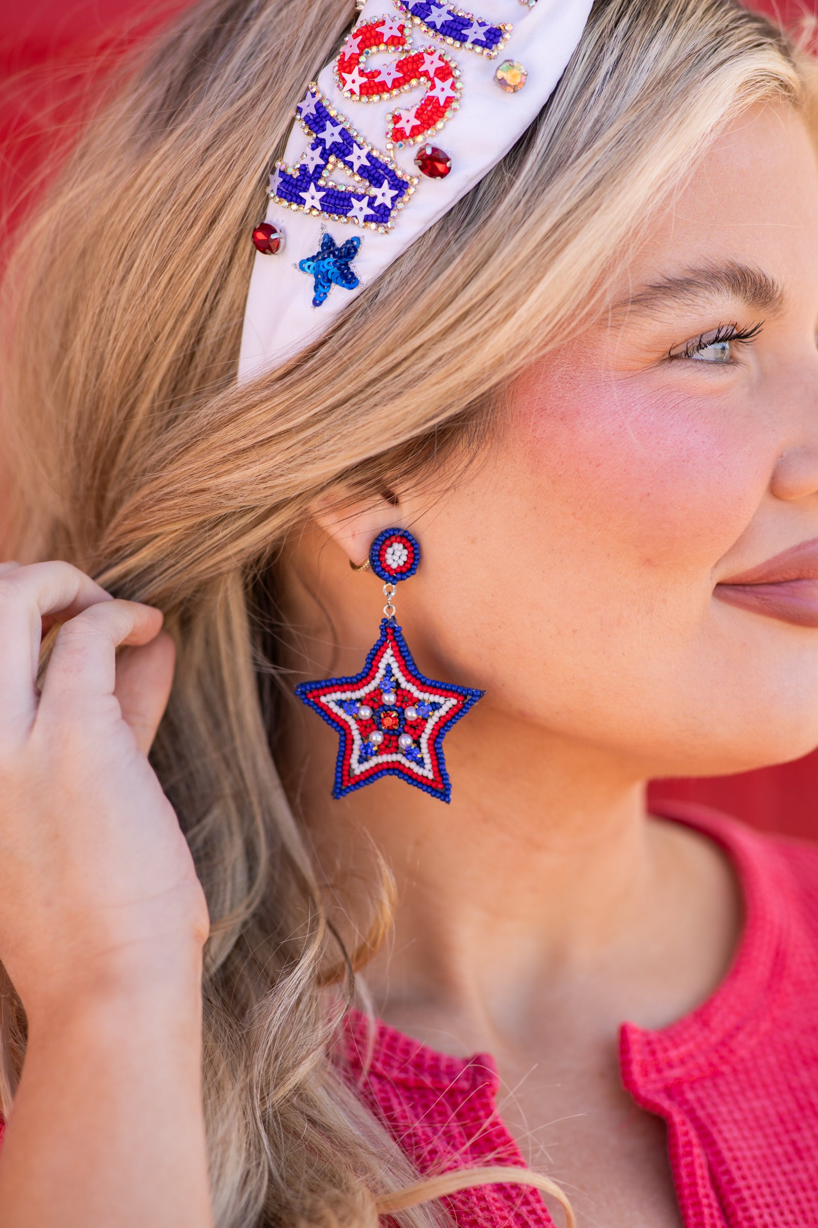 Blue and Red Seed Bead Star Earrings
