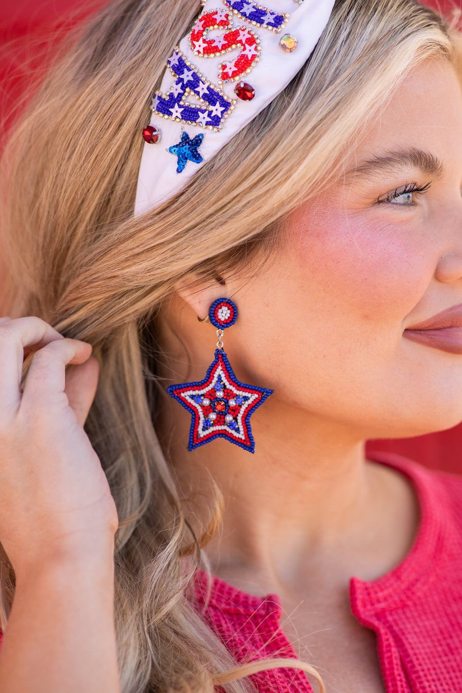 Blue and Red Seed Bead Star Earrings