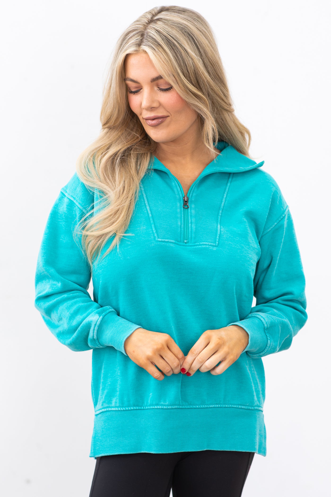 Turquoise 1/4 Zip Pigment Dyed Pullover