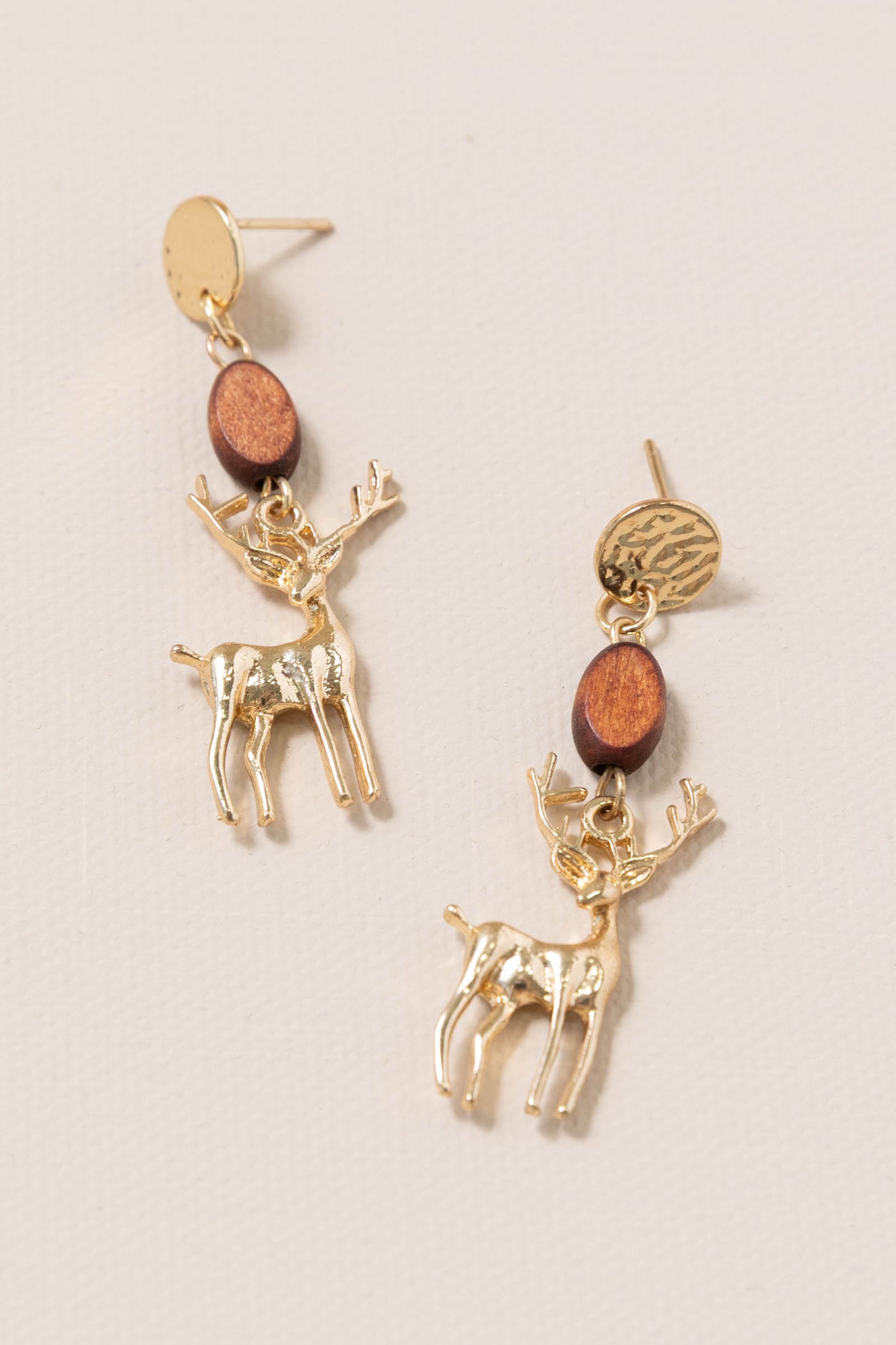 Gold Christmas Reindeer Wood Earrings