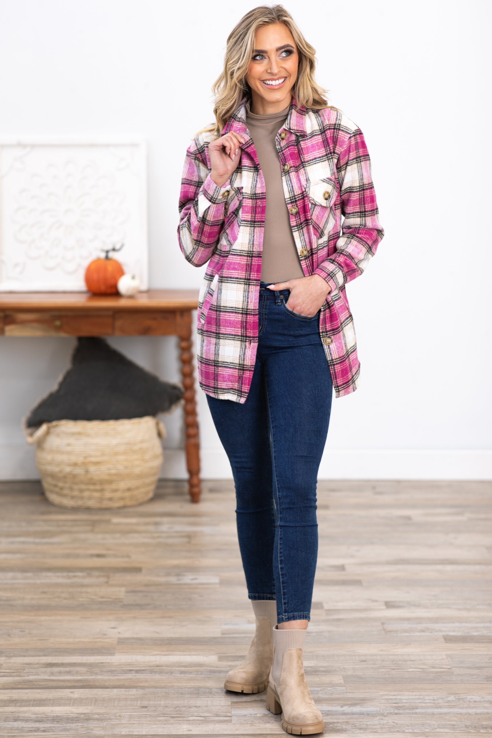 Pink and Off White Plaid Shacket With Pockets