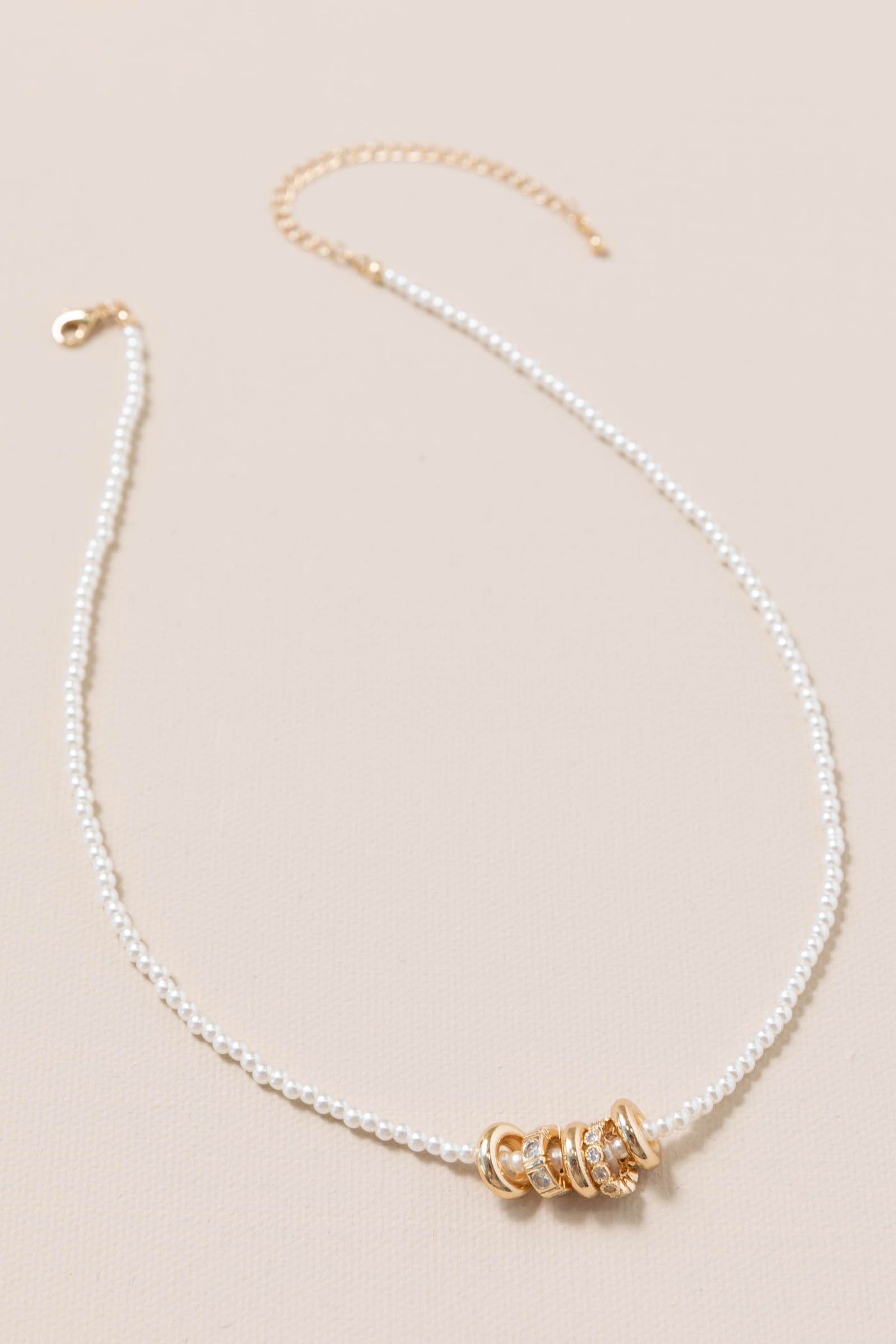 Pearl Beaded Necklace With Mixed Ring Charm