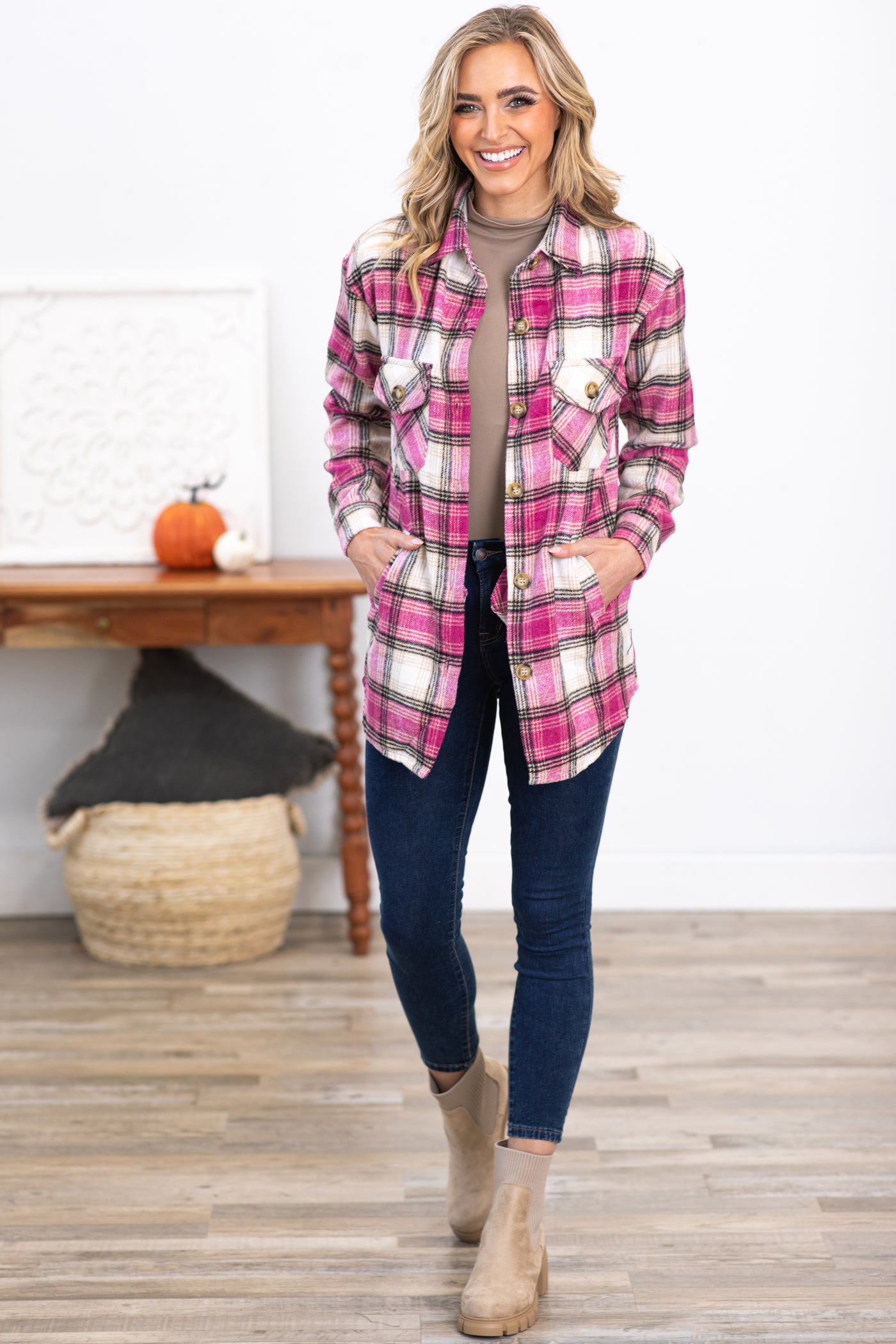 Pink and Off White Plaid Shacket With Pockets