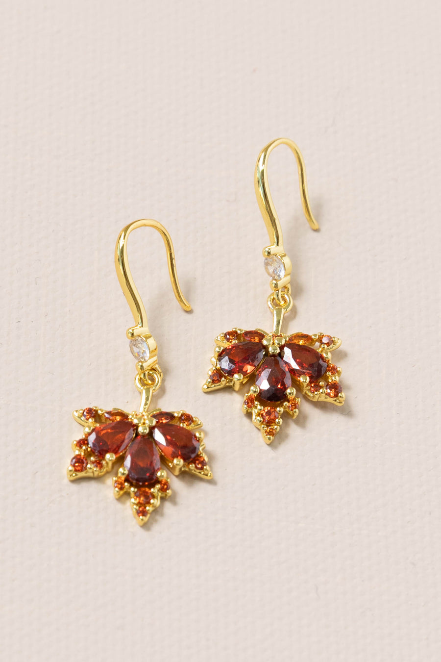 Gold With Red Maple Leaf Rhinestone Earrings