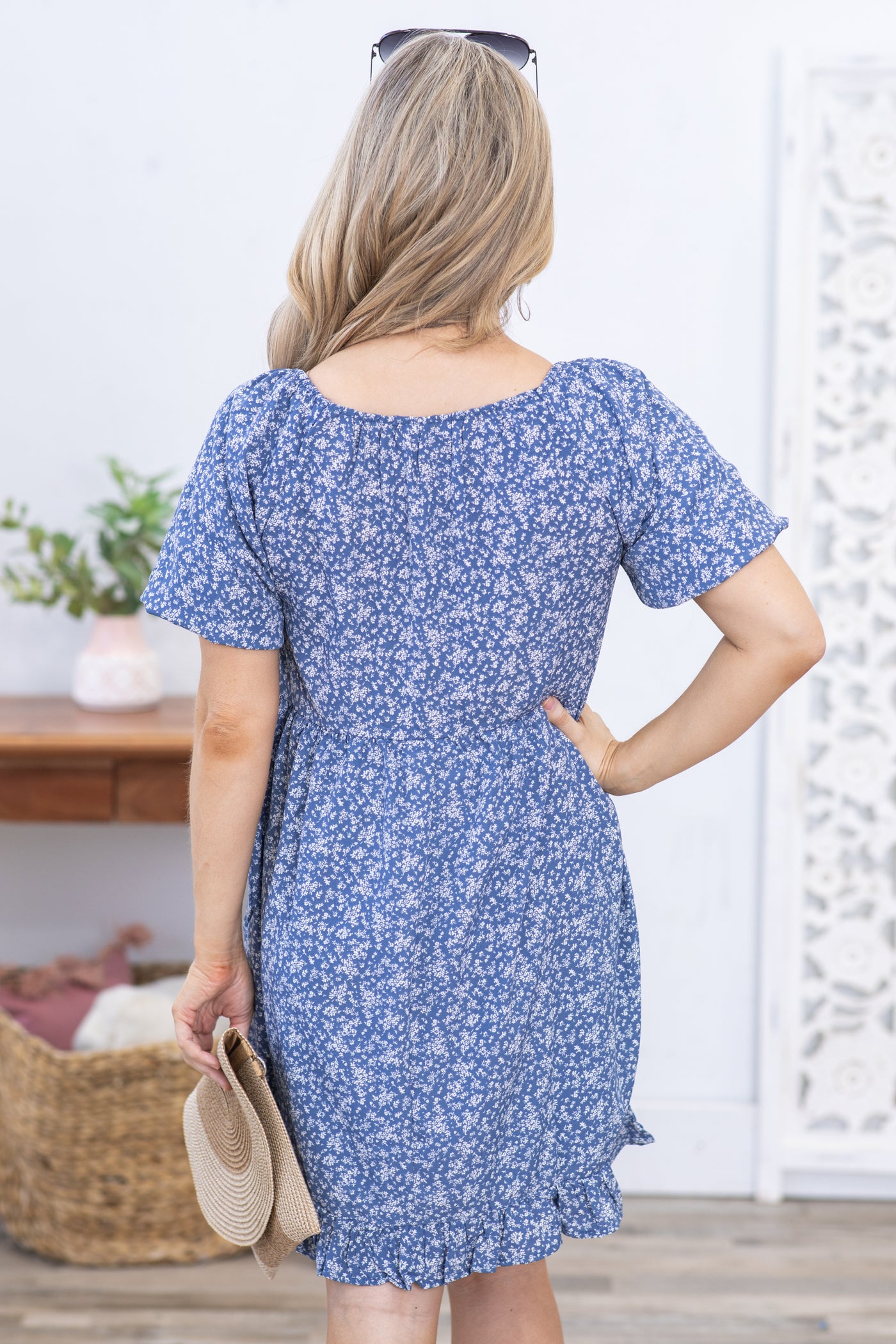 Dusty Blue Floral Print Puff Sleeve Dress Dusty Blue Floral Print Puff Sleeve Dress