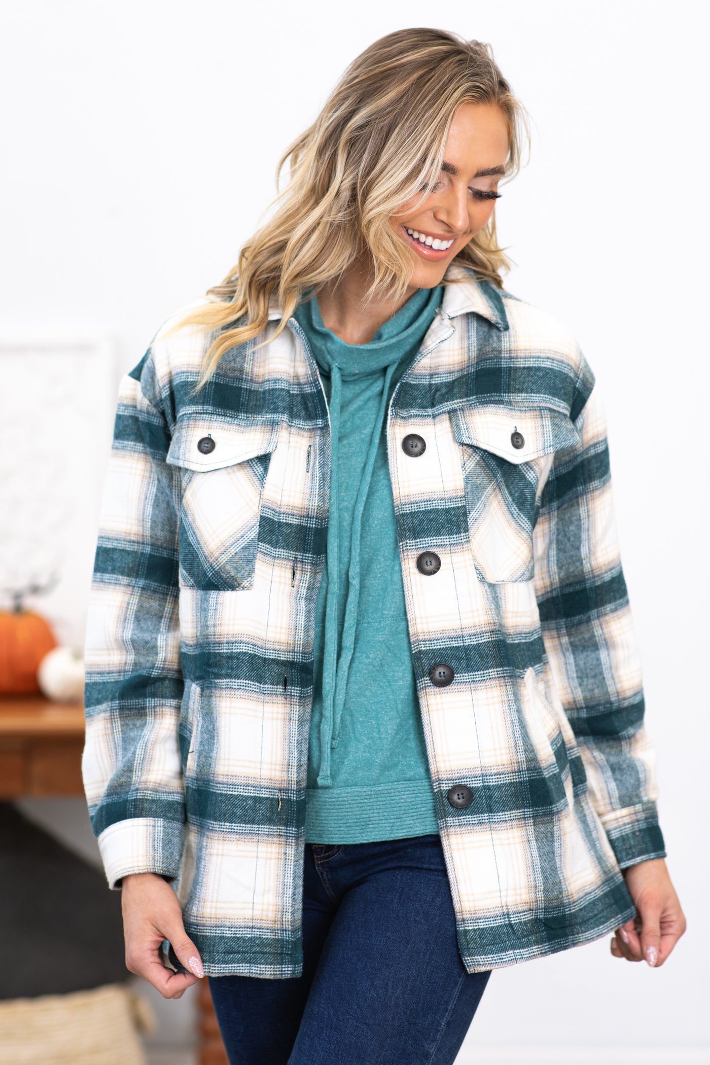 Emerald and Ivory Plaid Sherpa Lined Shacket
