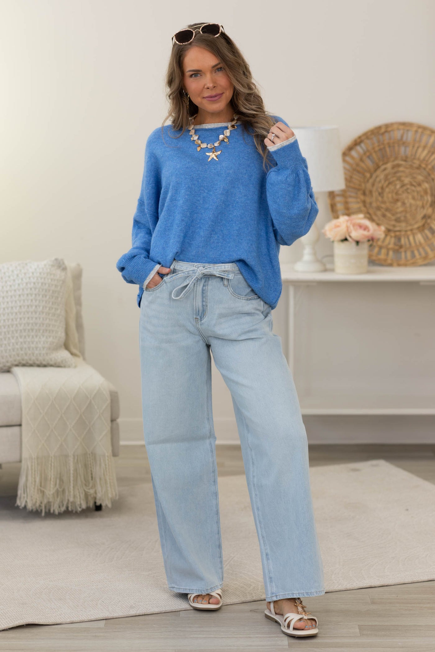 Light Denim Wash Pants with Tie at Waist