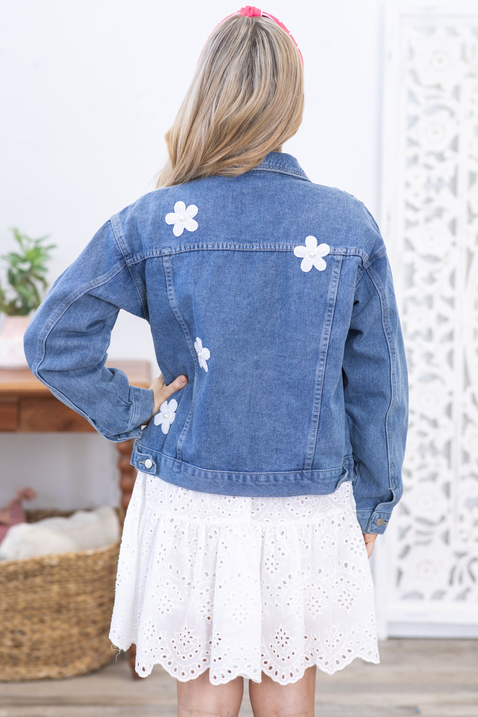 Blue With White Flower Patches Denim Jacket