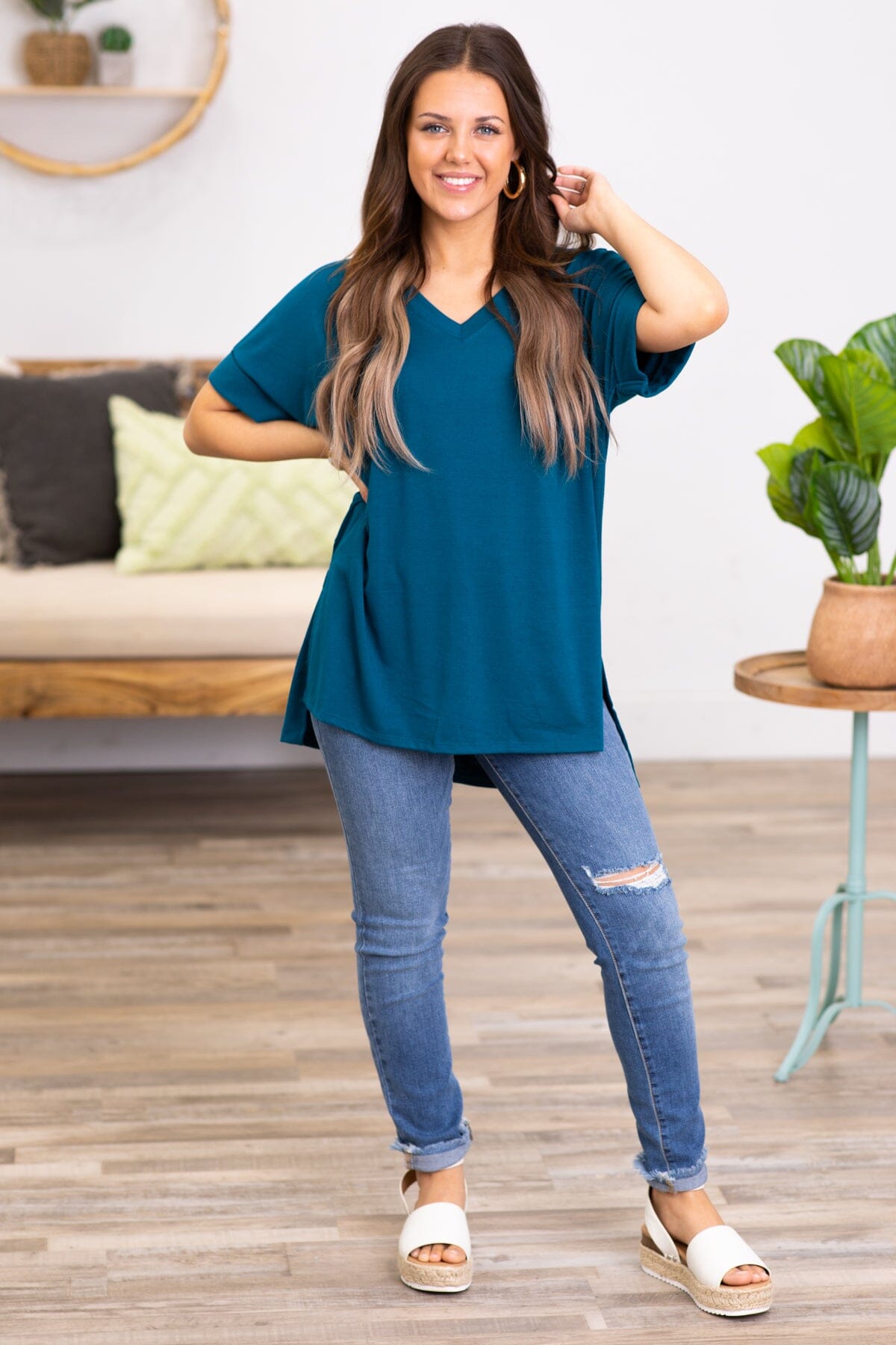Teal V-Neck Top With Side Slits - Filly Flair