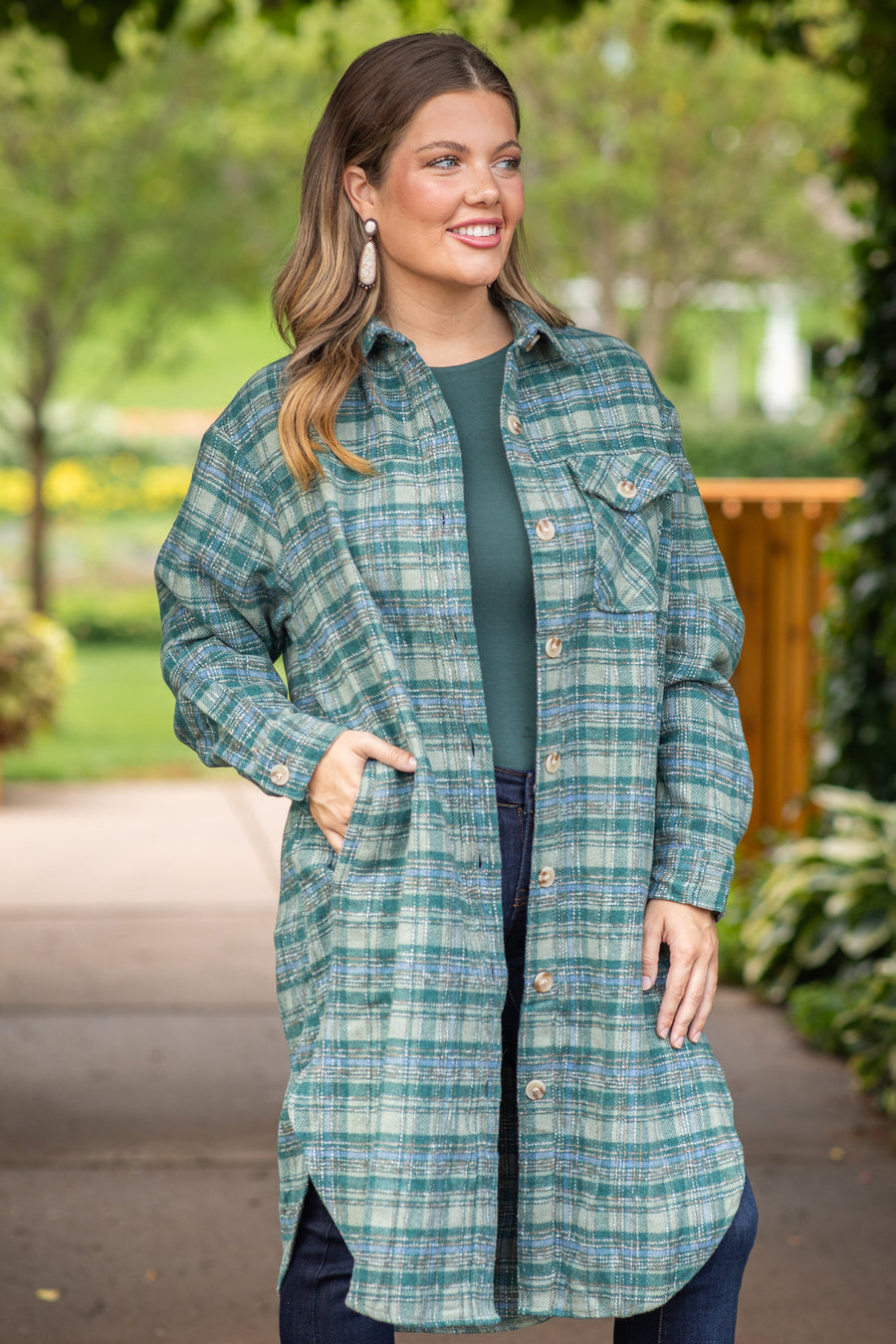 Sage and Dusty Blue Long Plaid Shacket